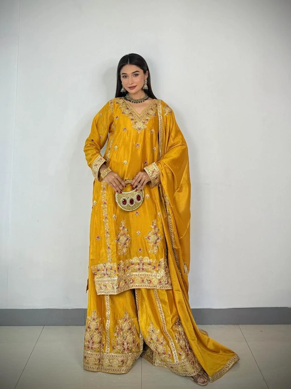 Designer Party Wear Chinon Silk Sharara Set