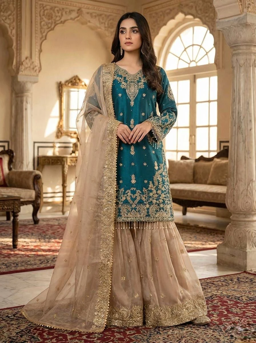 Designer Party Wear Eid Collection GMY Silk Sharara Suit Set