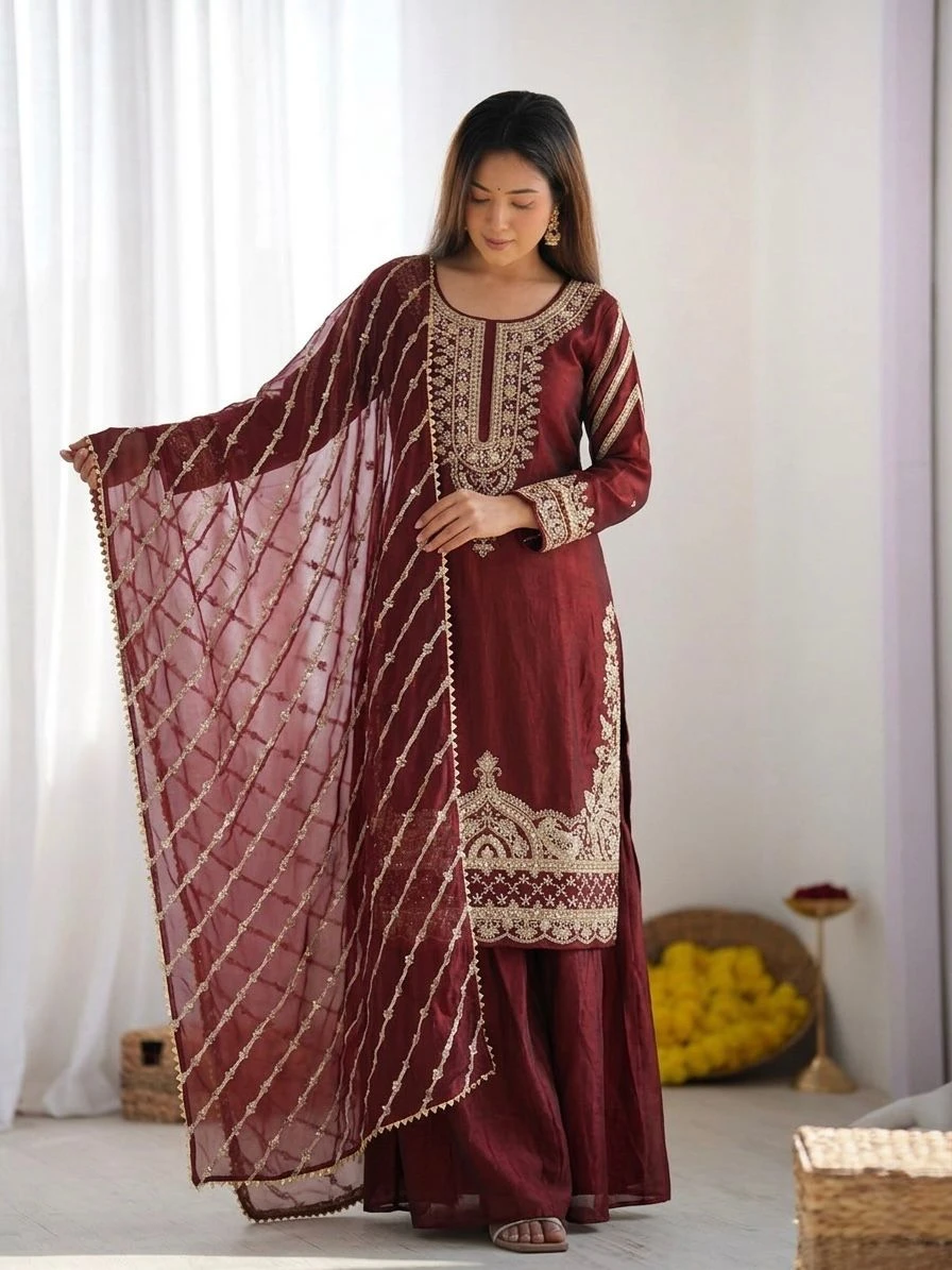 Designer Party Wear Fendy Silk Top Plazzo Suit With Embroidery Beads Work Dupatta