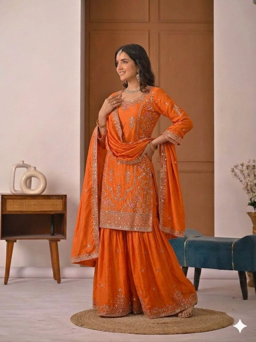 Designer Party Wear Natural Crepe Sharara Palazzo Set Collection