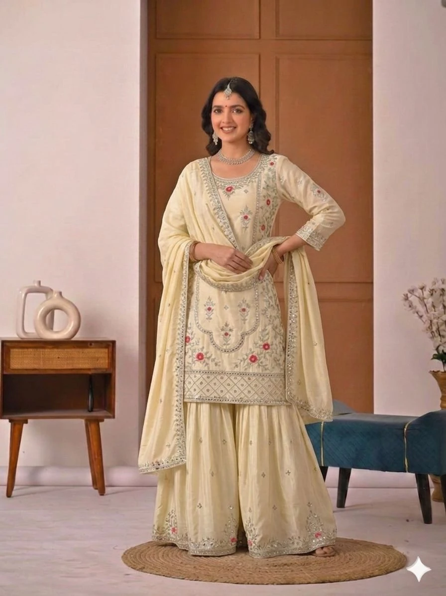 Designer Party Wear Natural Crepe Sharara Palazzo Set Collection