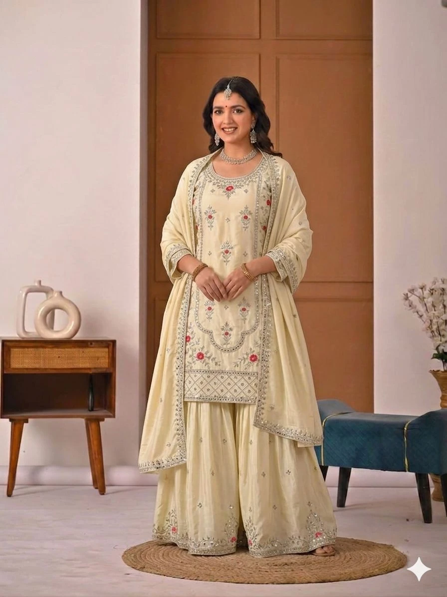 Designer Party Wear Natural Crepe Sharara Palazzo Set Collection