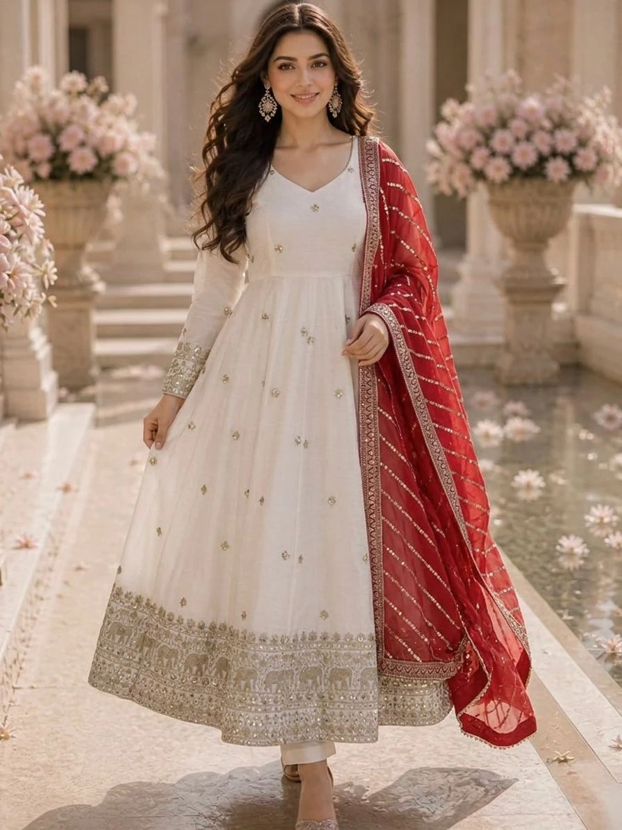 Designer Vichitra Silk Anarkali Gown Set