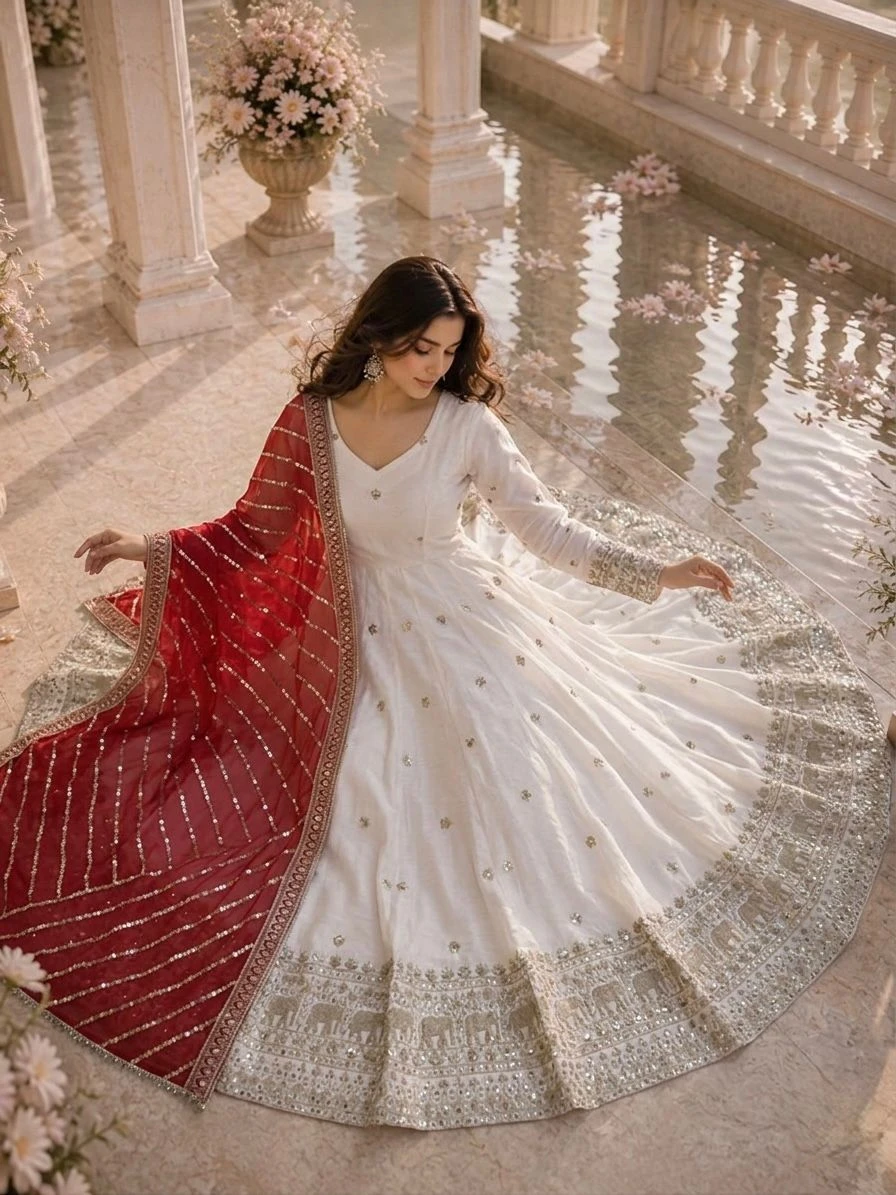 Designer Vichitra Silk Anarkali Gown Set