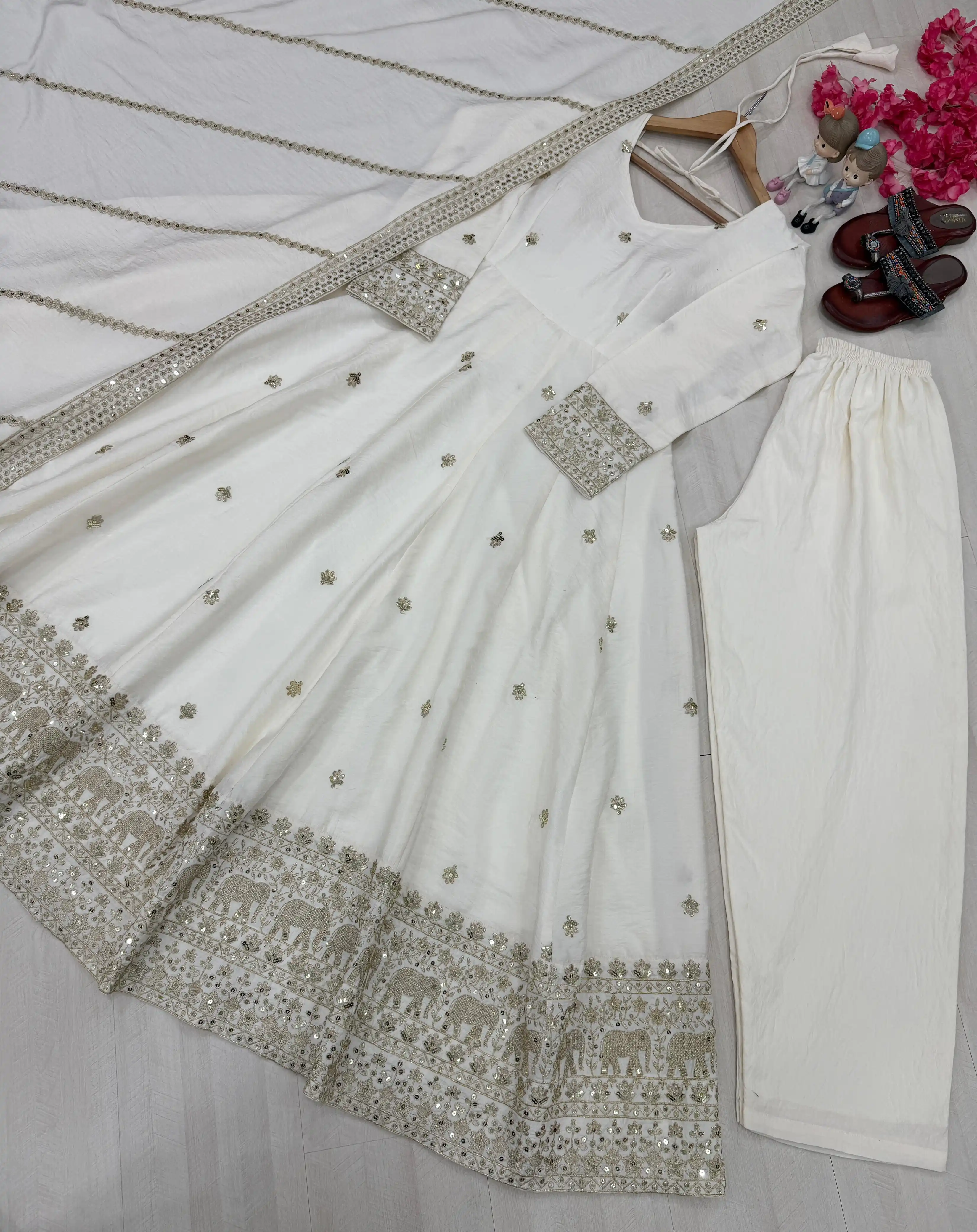 Designer Vichitra Silk Anarkali Gown Set