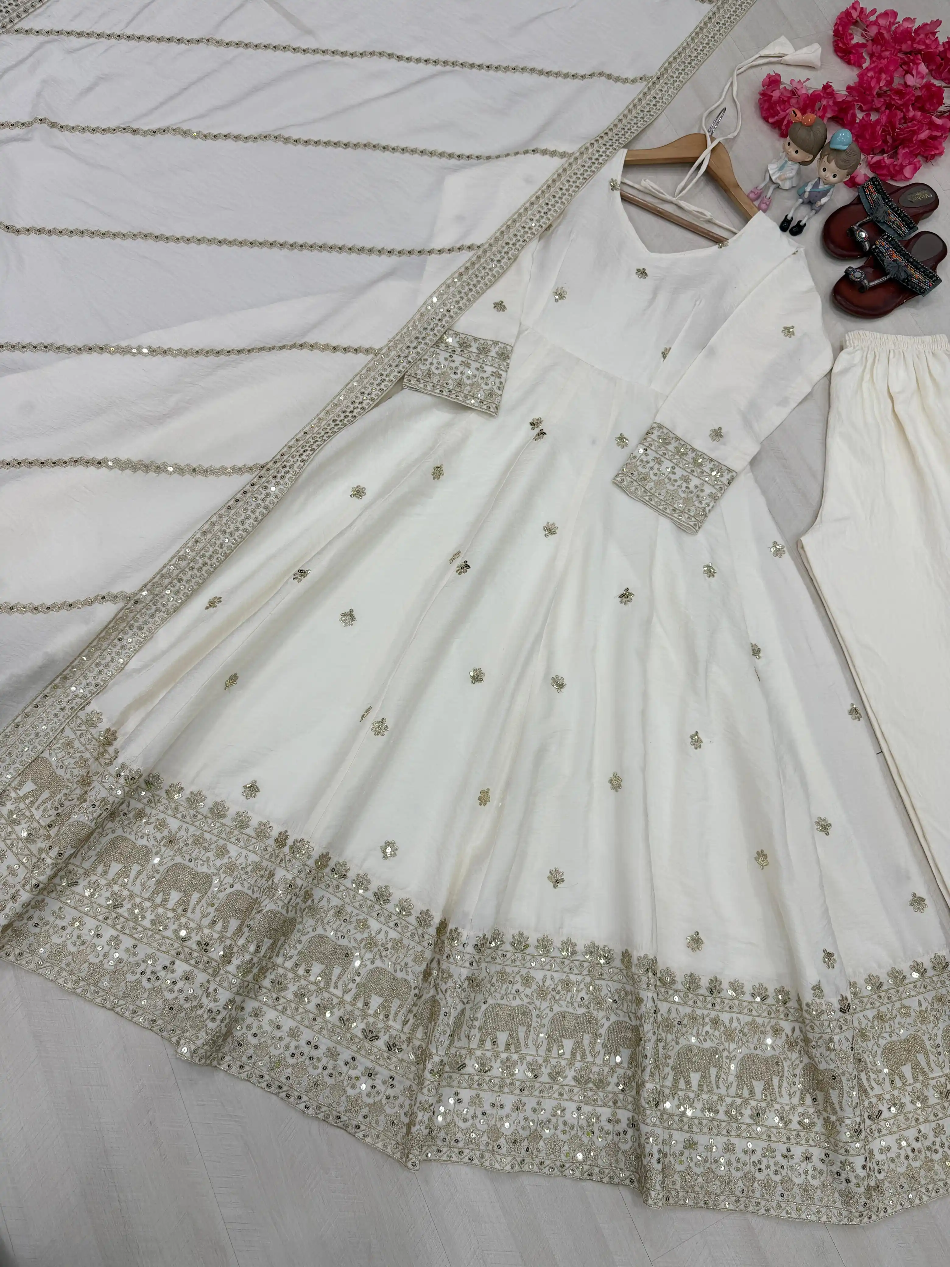 Designer Vichitra Silk Anarkali Gown Set