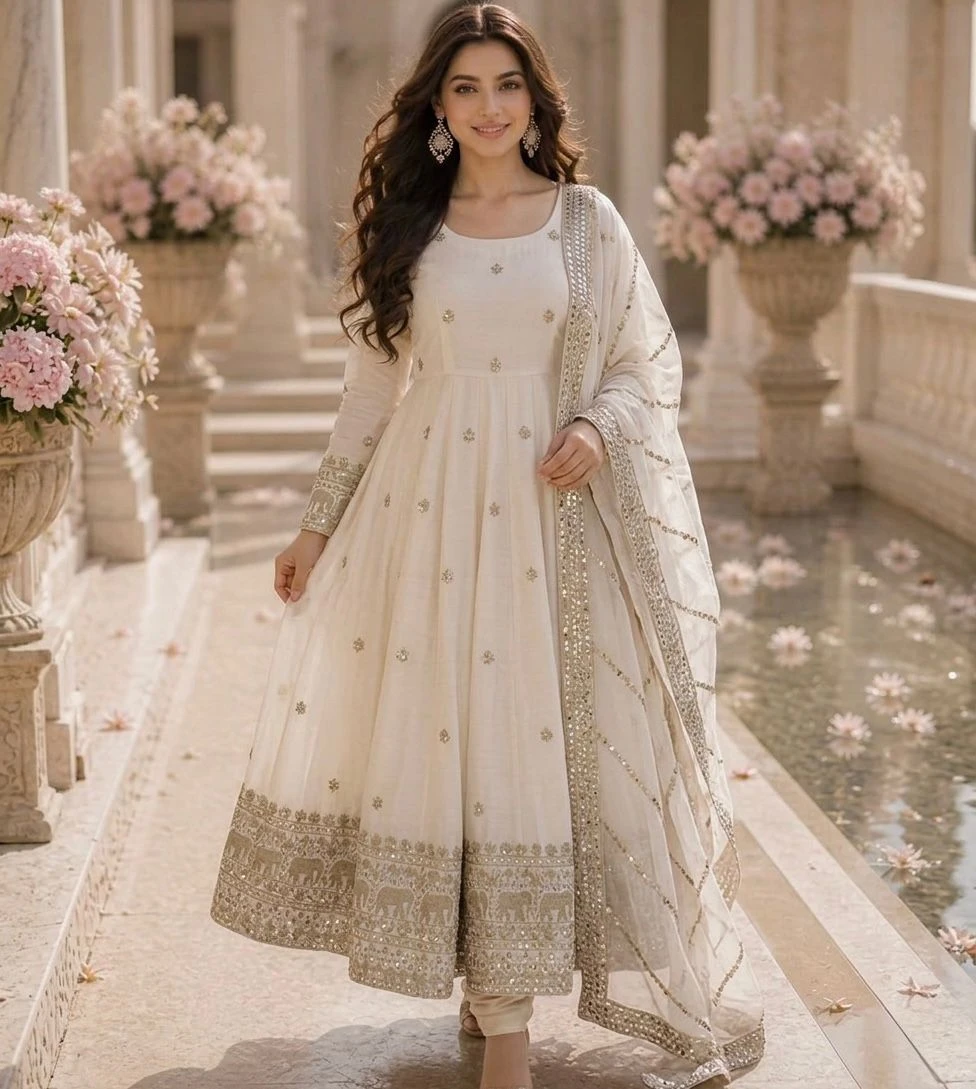 Designer Vichitra Silk Anarkali Gown Set
