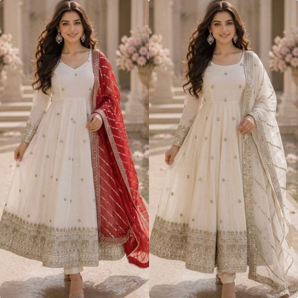Designer Vichitra Silk Anarkali Gown Set