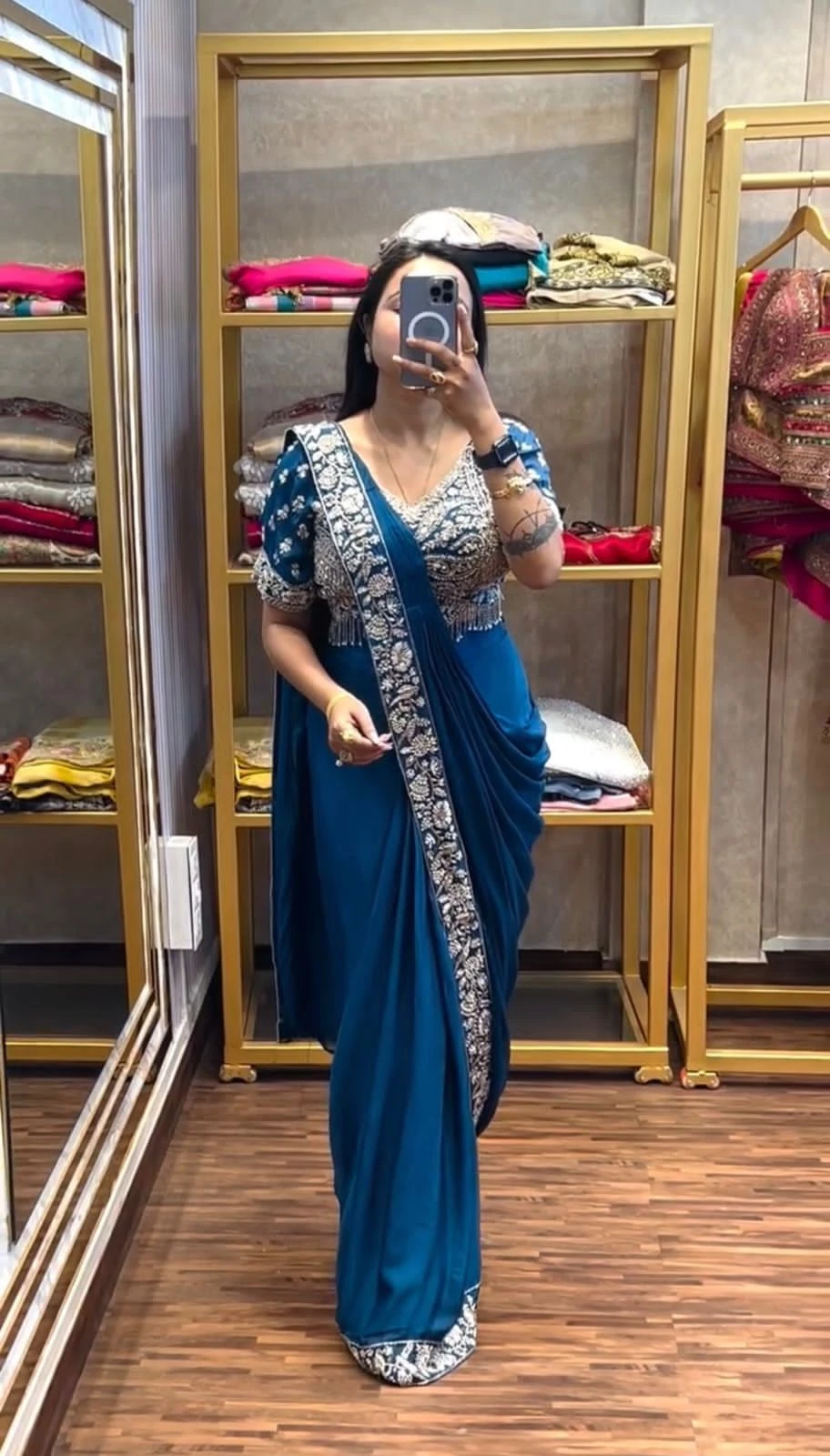 Drape Saree Ready To Wear Chinon Saree With Embroidered Blouse