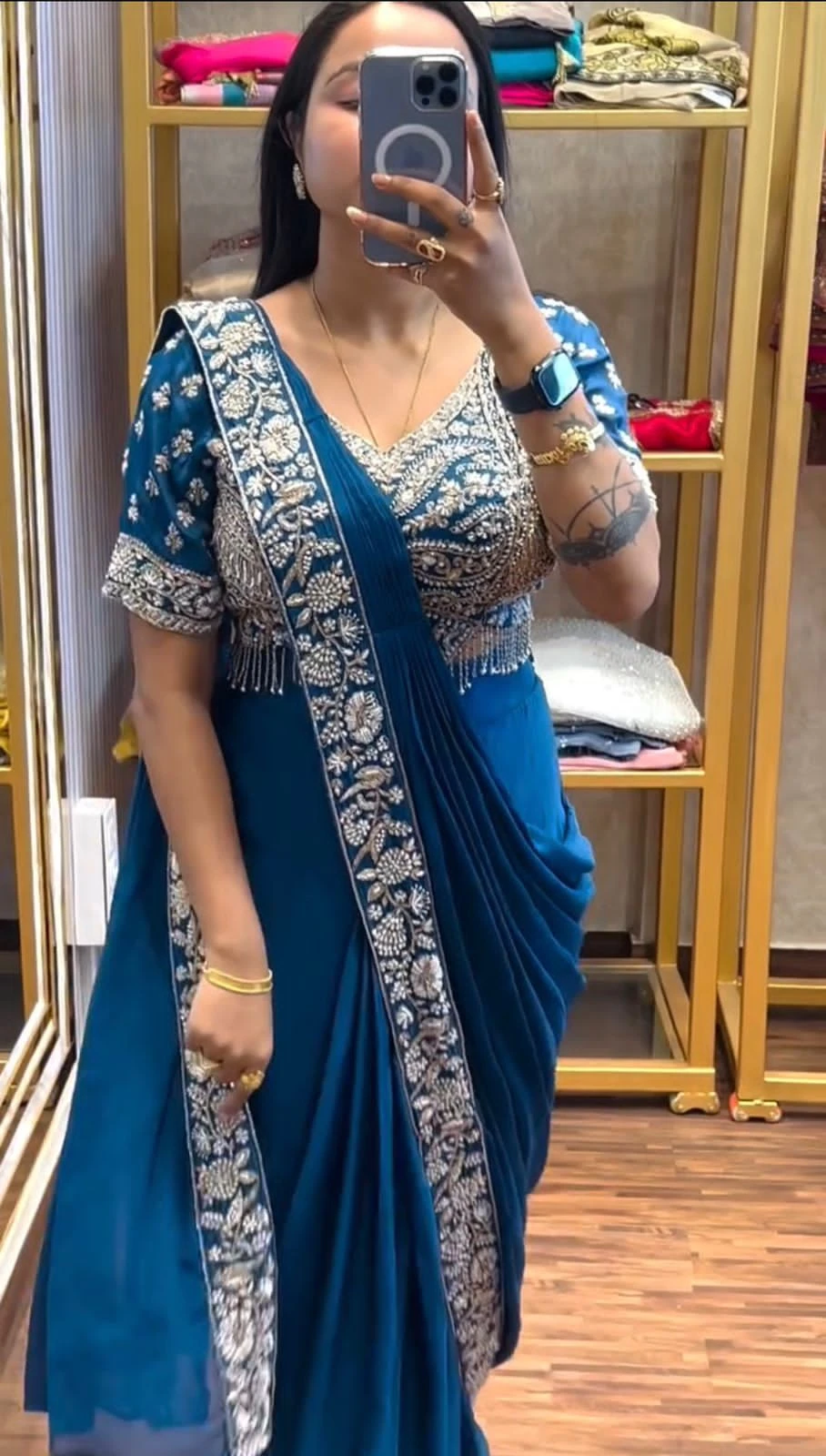 Drape Saree Ready To Wear Chinon Saree With Embroidered Blouse