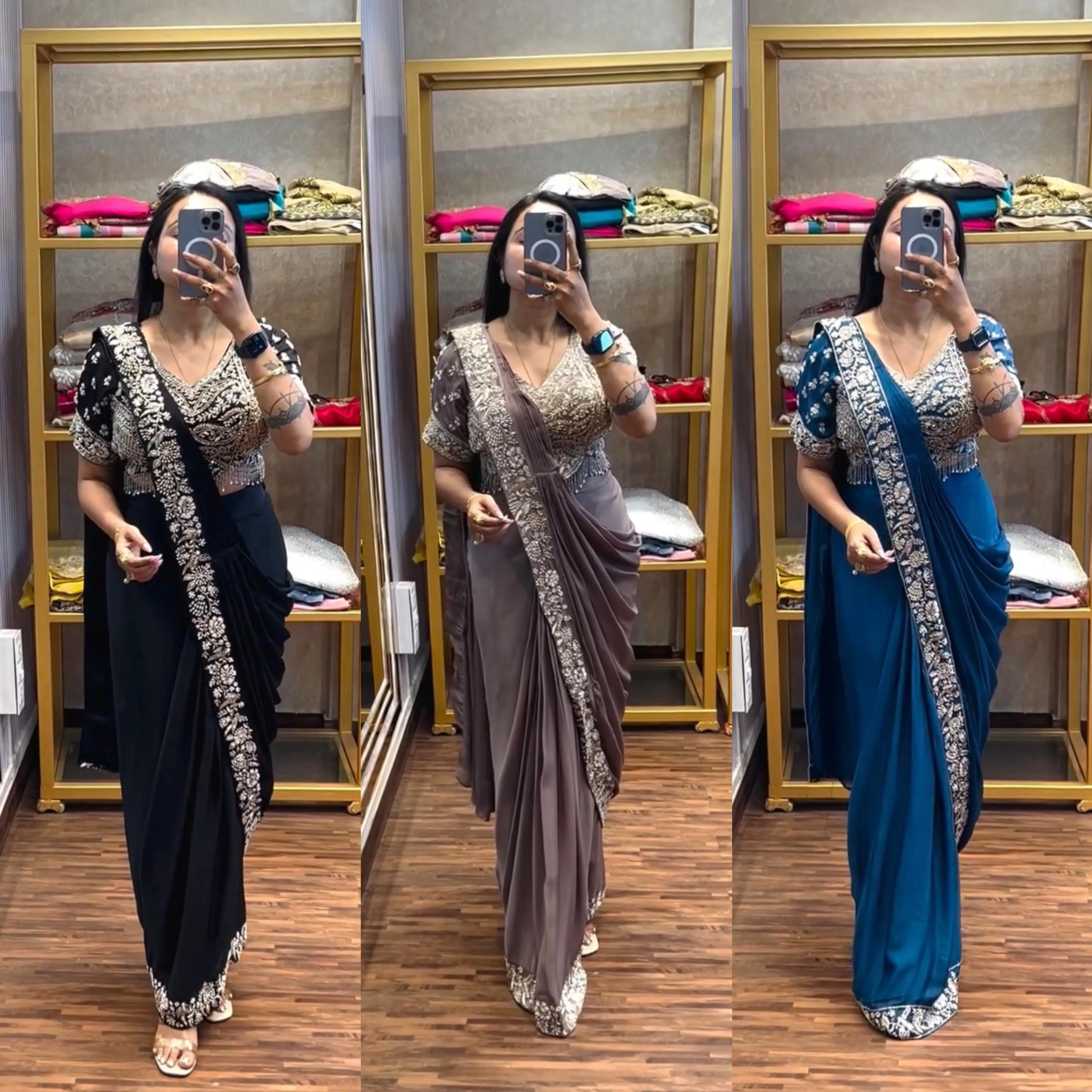 Drape Saree Ready To Wear Chinon Saree With Embroidered Blouse