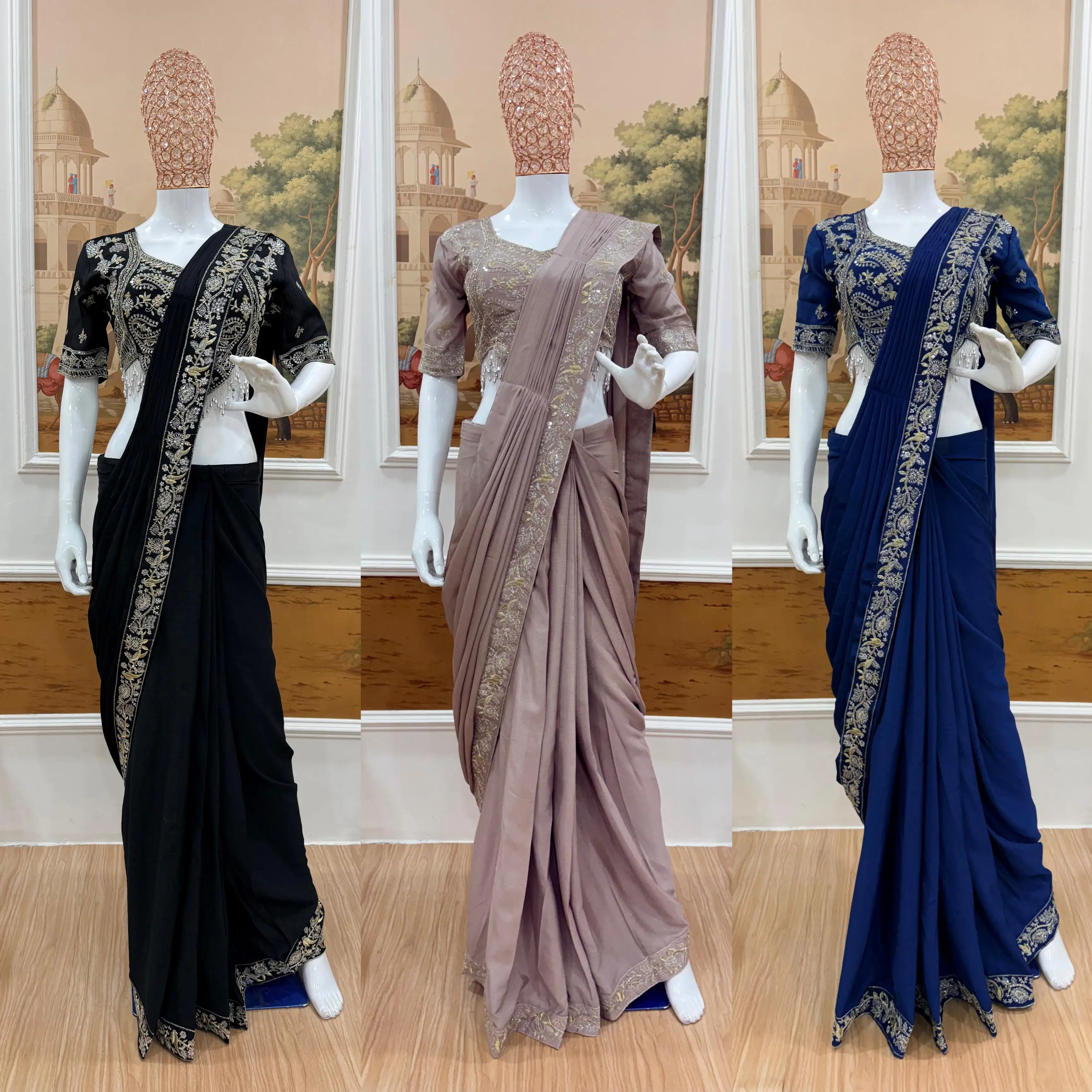 Drape Saree Ready To Wear Chinon Saree With Embroidered Blouse