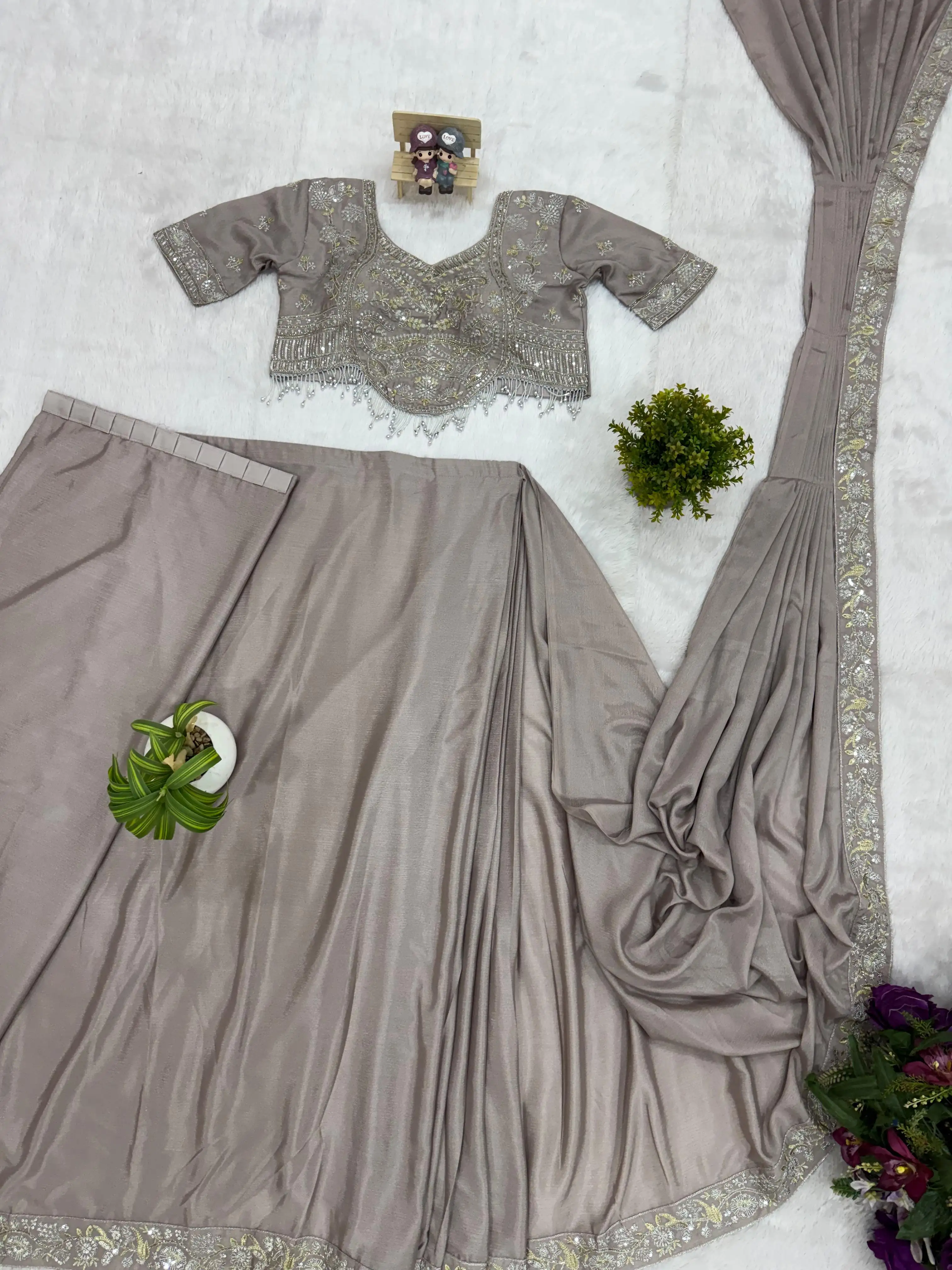Drape Saree Ready To Wear Chinon Saree With Embroidered Blouse