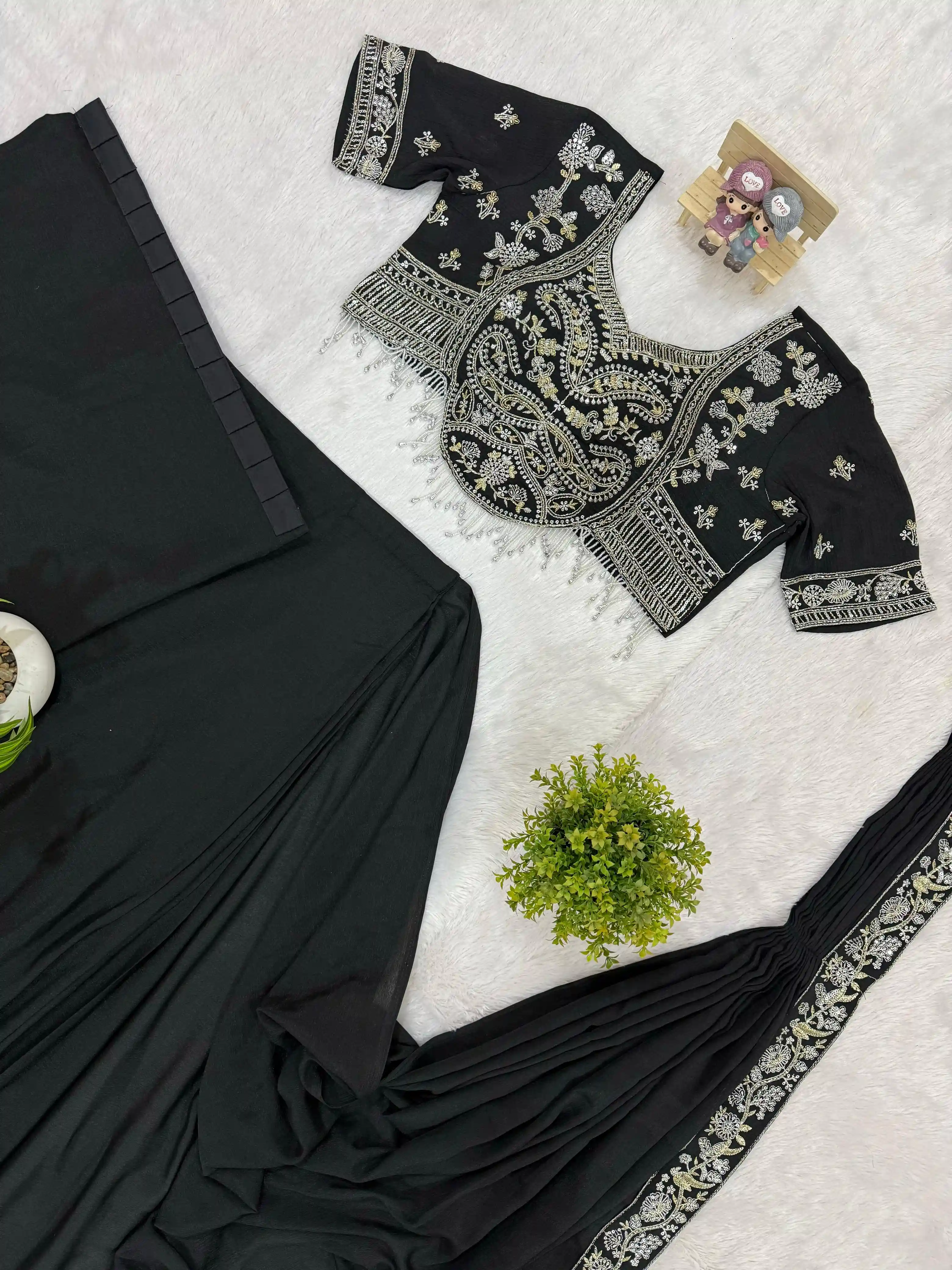 Drape Saree Ready To Wear Chinon Saree With Embroidered Blouse