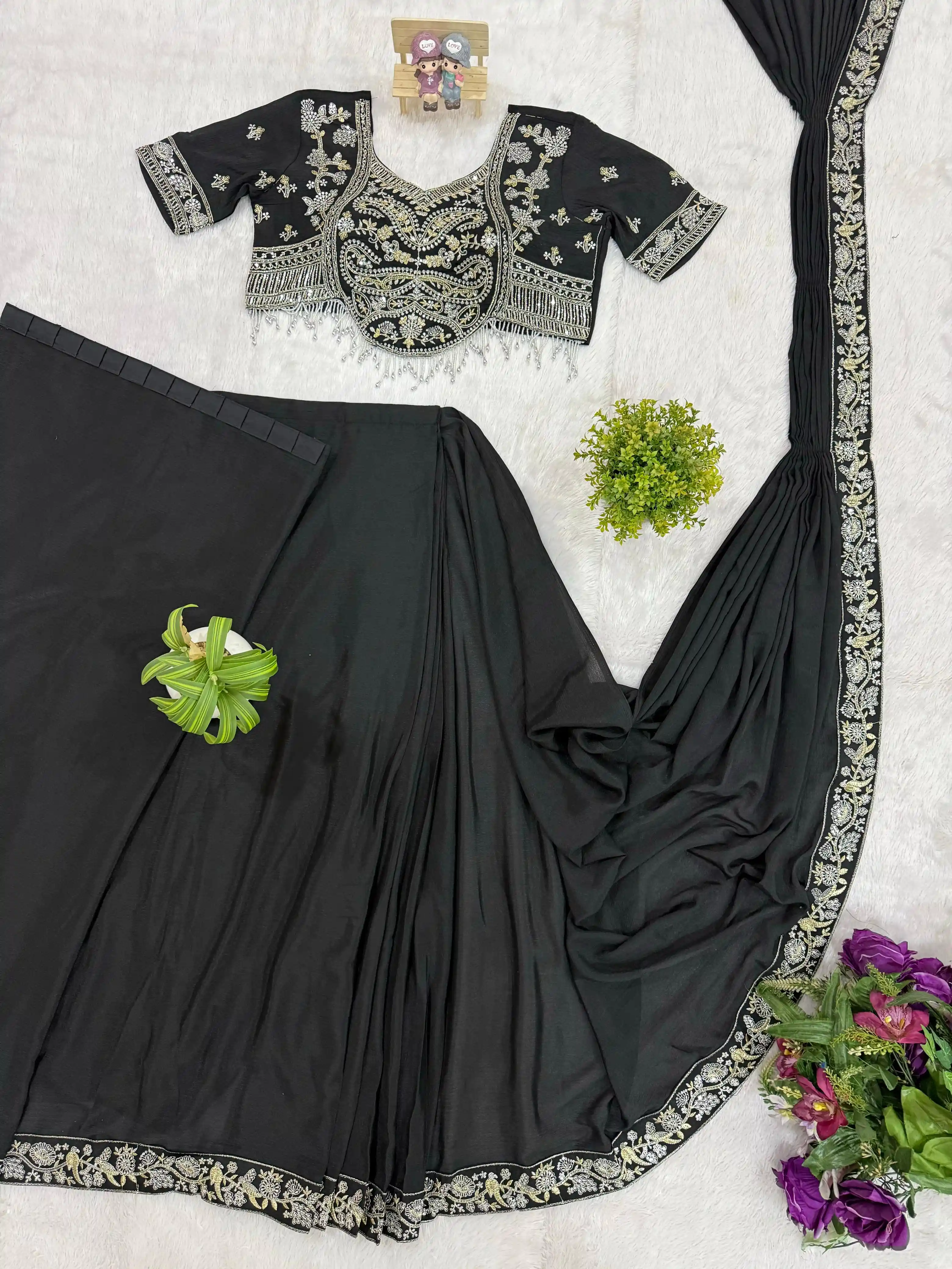 Drape Saree Ready To Wear Chinon Saree With Embroidered Blouse