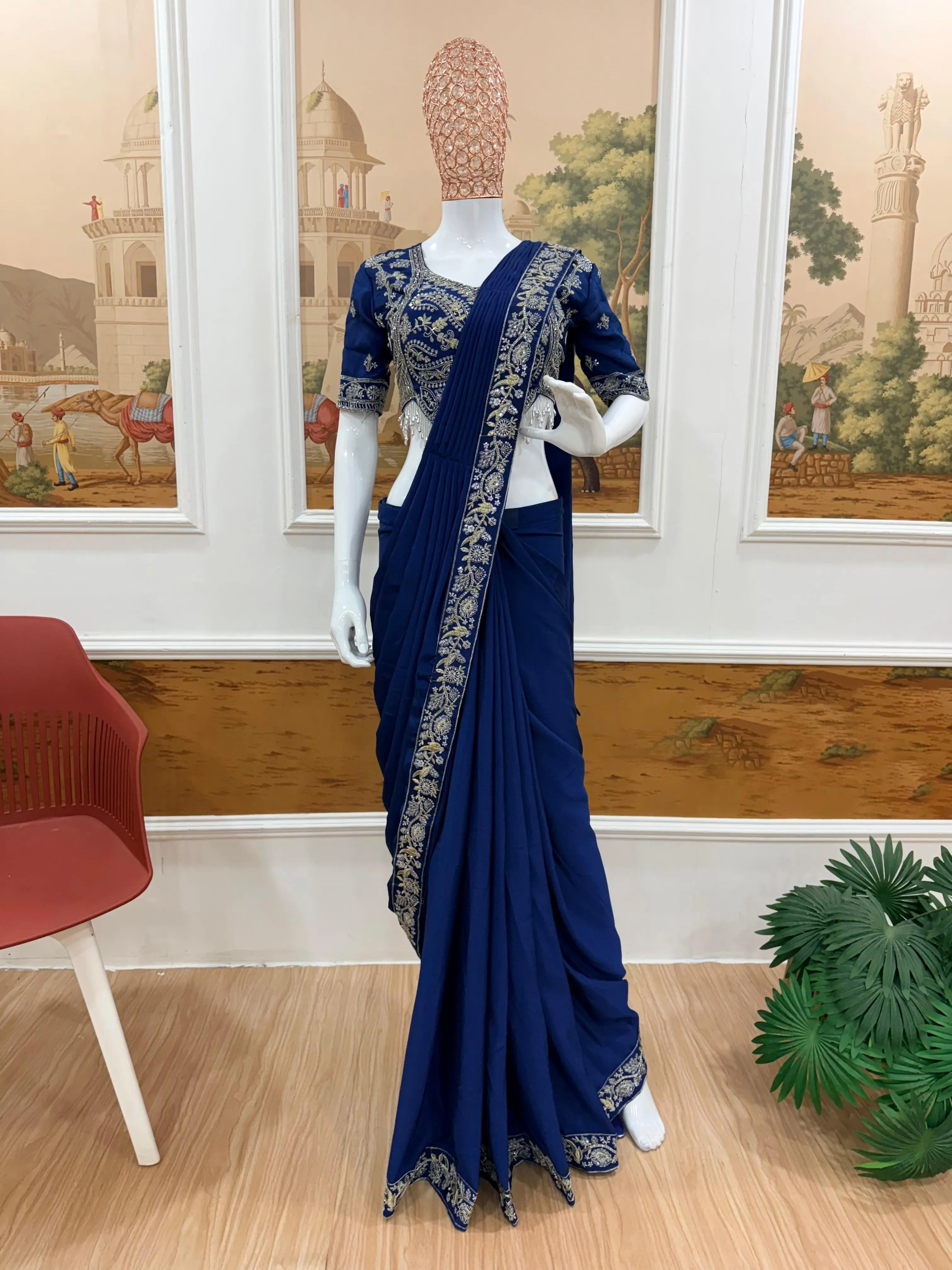 Drape Saree Ready To Wear Chinon Saree With Embroidered Blouse