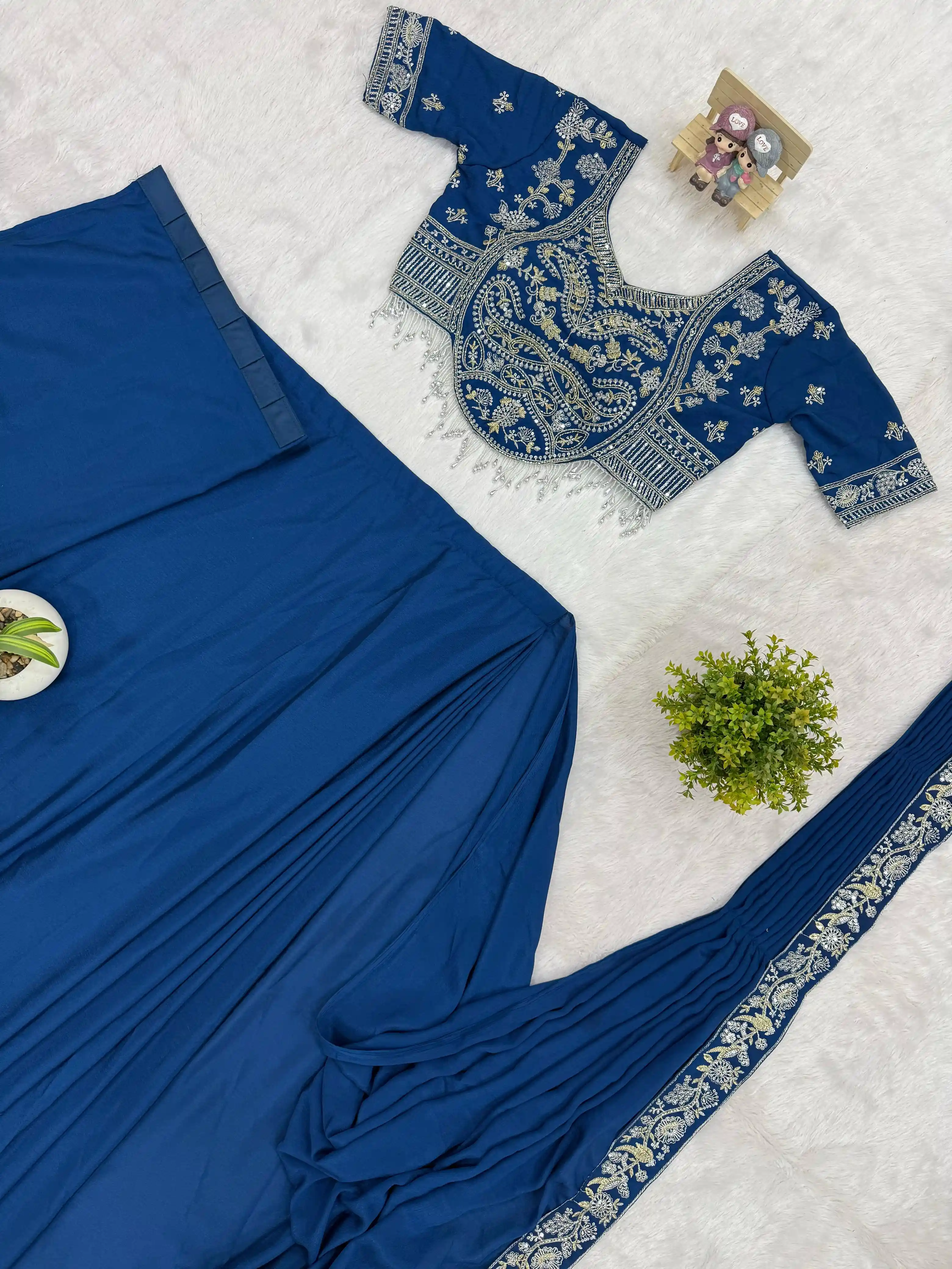 Drape Saree Ready To Wear Chinon Saree With Embroidered Blouse