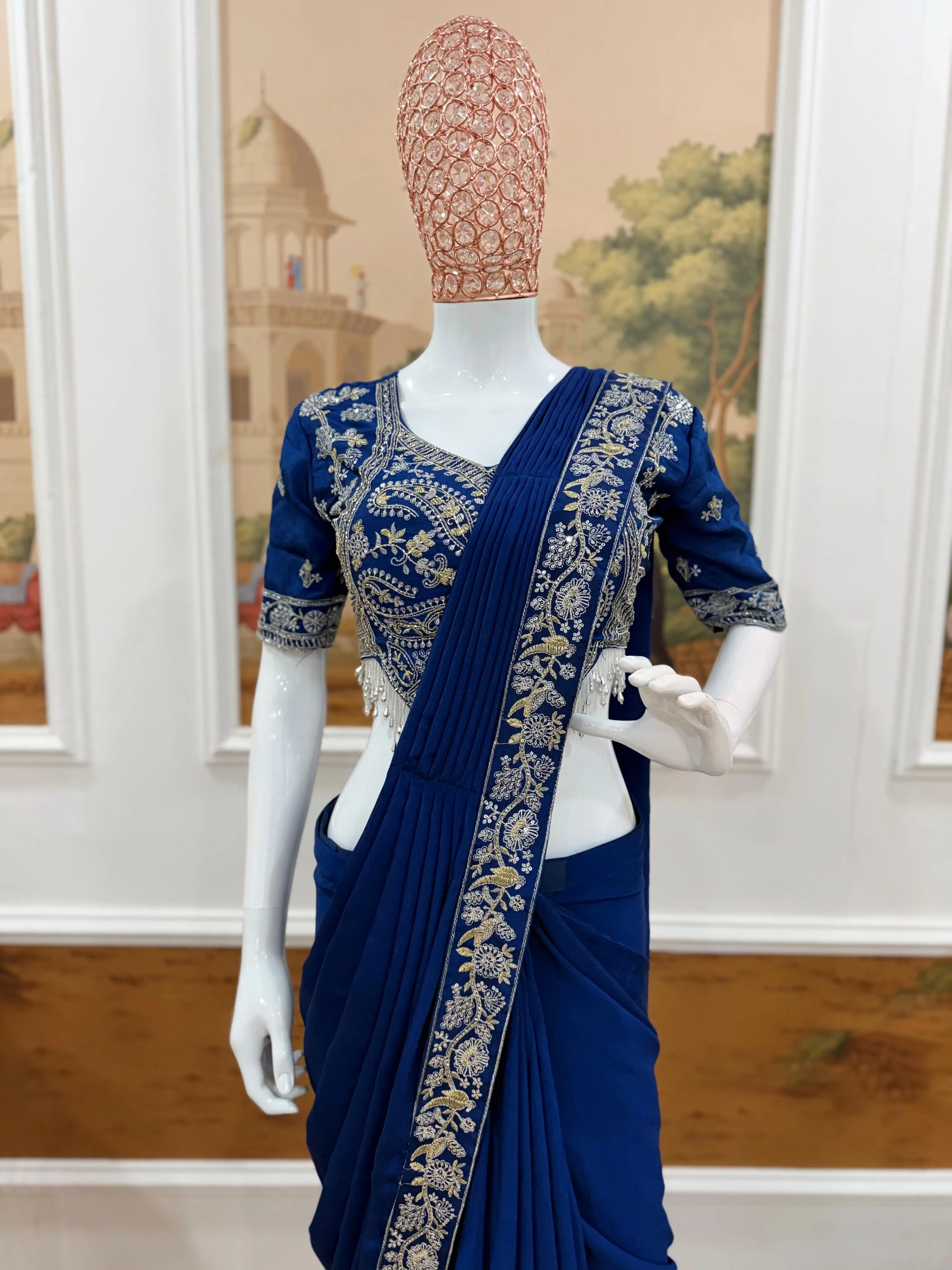 Drape Saree Ready To Wear Chinon Saree With Embroidered Blouse