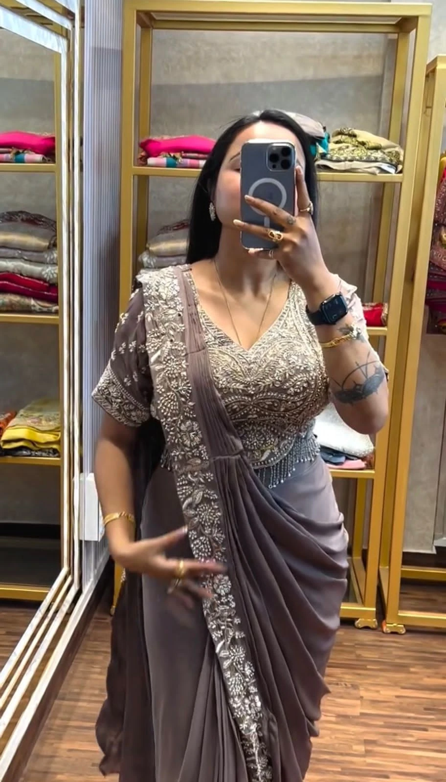Drape Saree Ready To Wear Chinon Saree With Embroidered Blouse