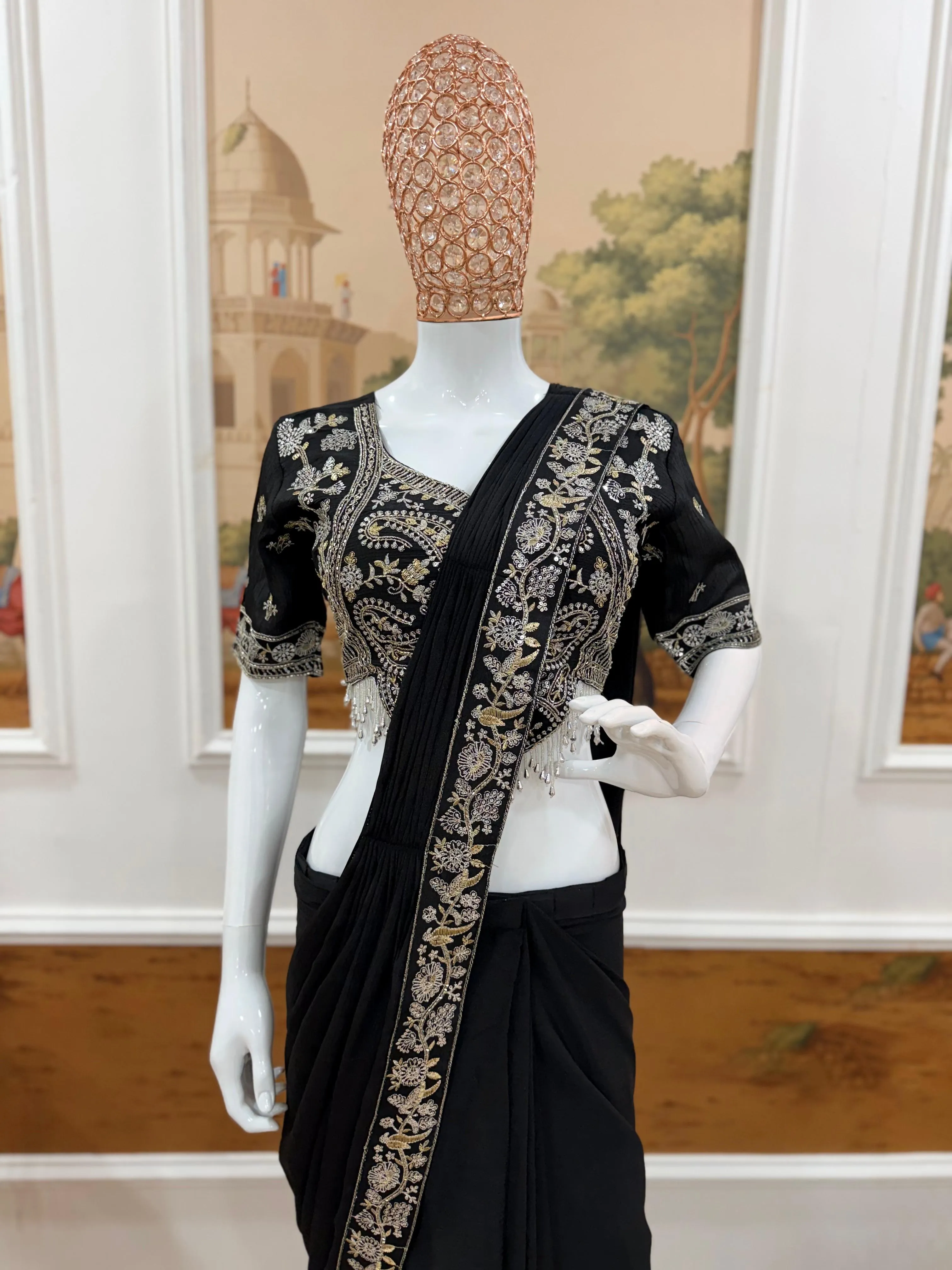 Drape Saree Ready To Wear Chinon Saree With Embroidered Blouse