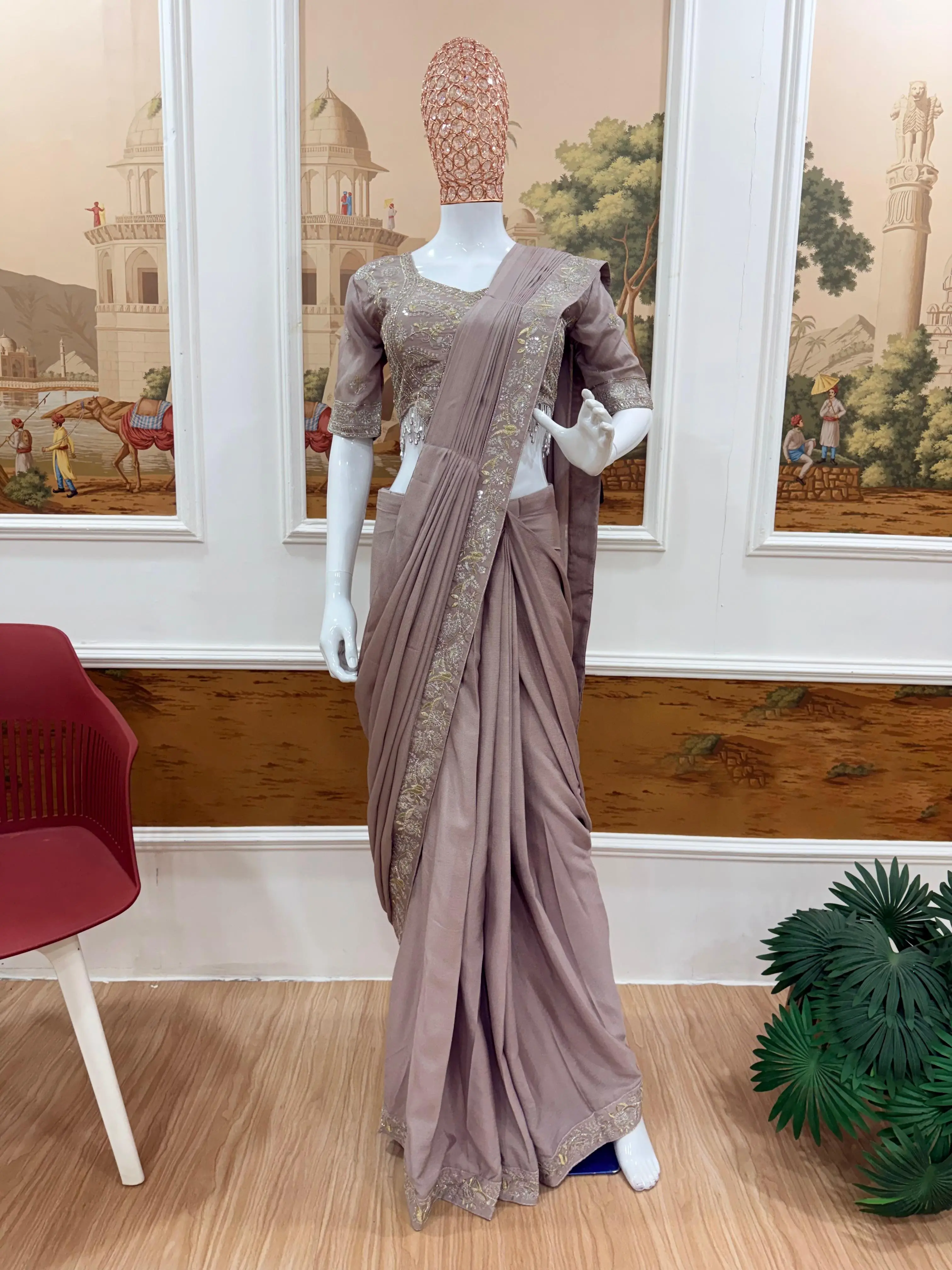 Drape Saree Ready To Wear Chinon Saree With Embroidered Blouse