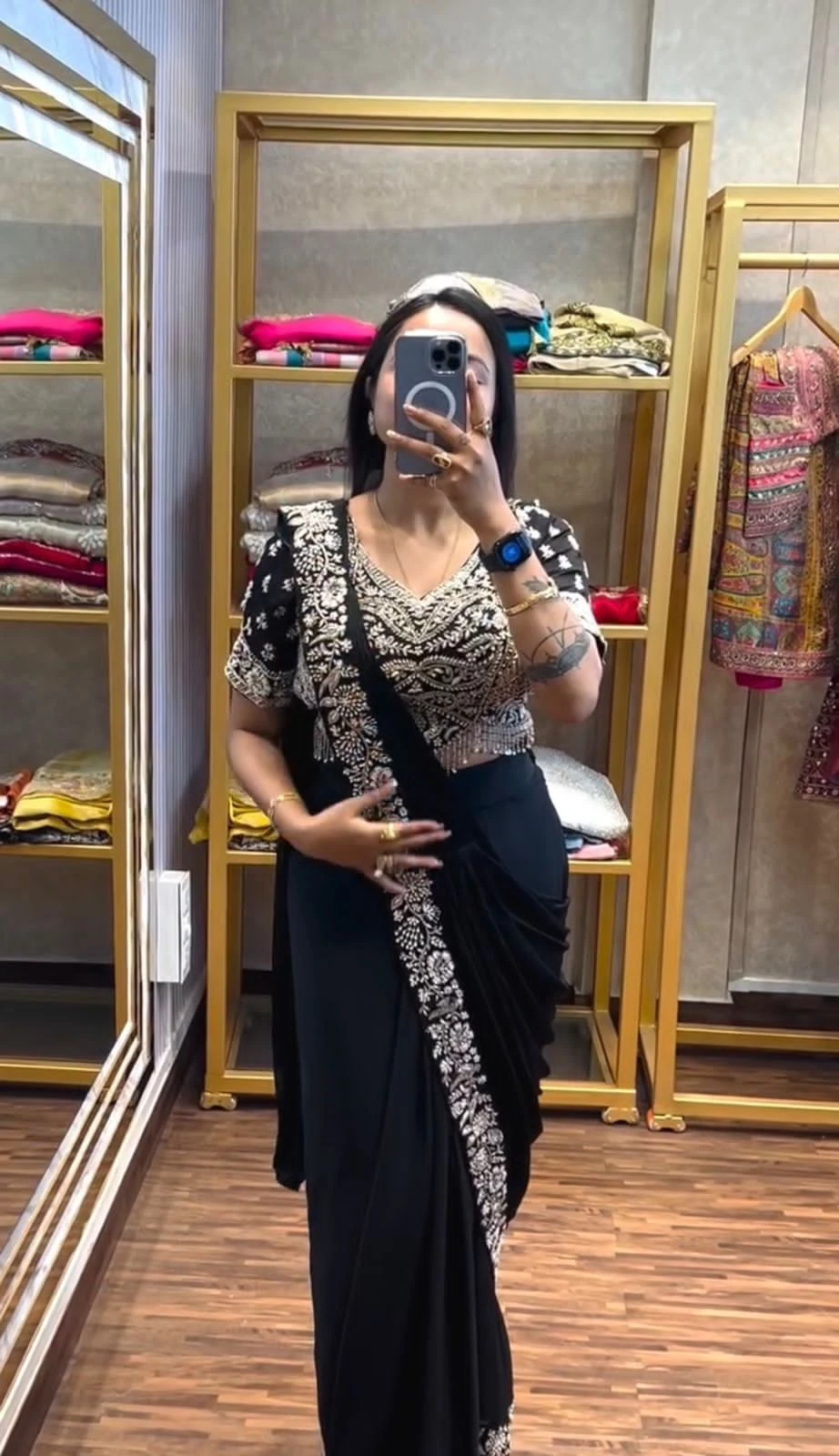 Drape Saree Ready To Wear Chinon Saree With Embroidered Blouse