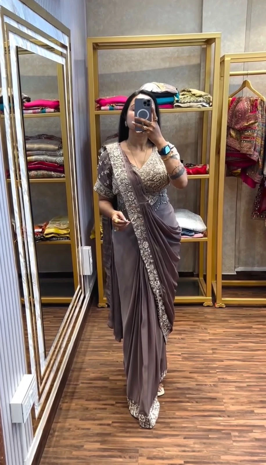 Drape Saree Ready To Wear Chinon Saree With Embroidered Blouse