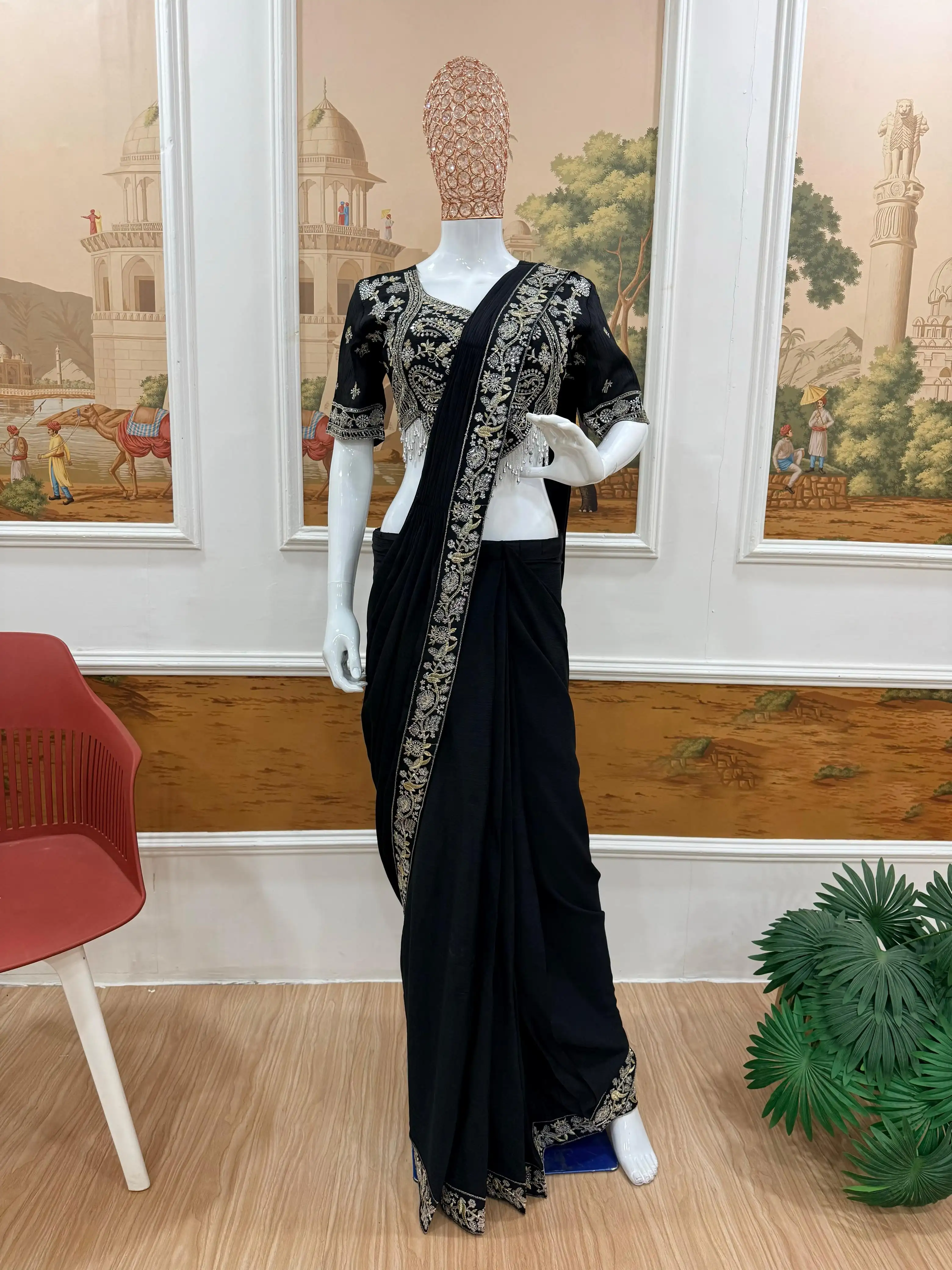 Drape Saree Ready To Wear Chinon Saree With Embroidered Blouse