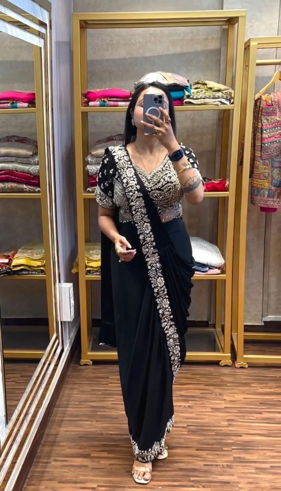 Drape Saree Ready To Wear Chinon Saree With Embroidered Blouse