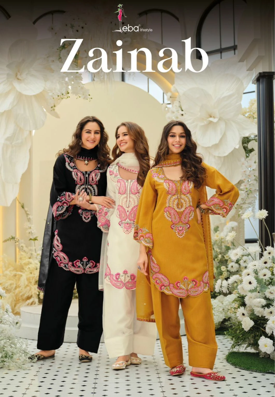Eba Lifestyle Zainab Slub Organza Beads Work Suit With Farshi Salwar And Dupatta