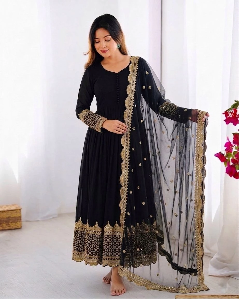 Elegant Embroidered Sequence Designer Anarkali Gown With Dupatta