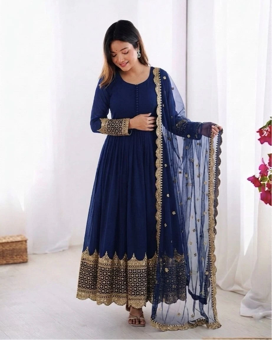 Elegant Embroidered Sequence Designer Anarkali Gown With Dupatta