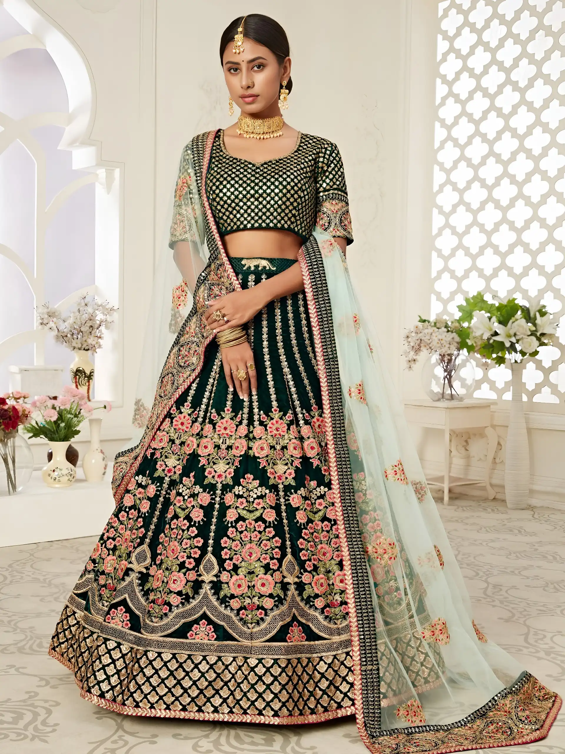 Emerald Green Velvet Bridal Choli with Zari and Diamond Work