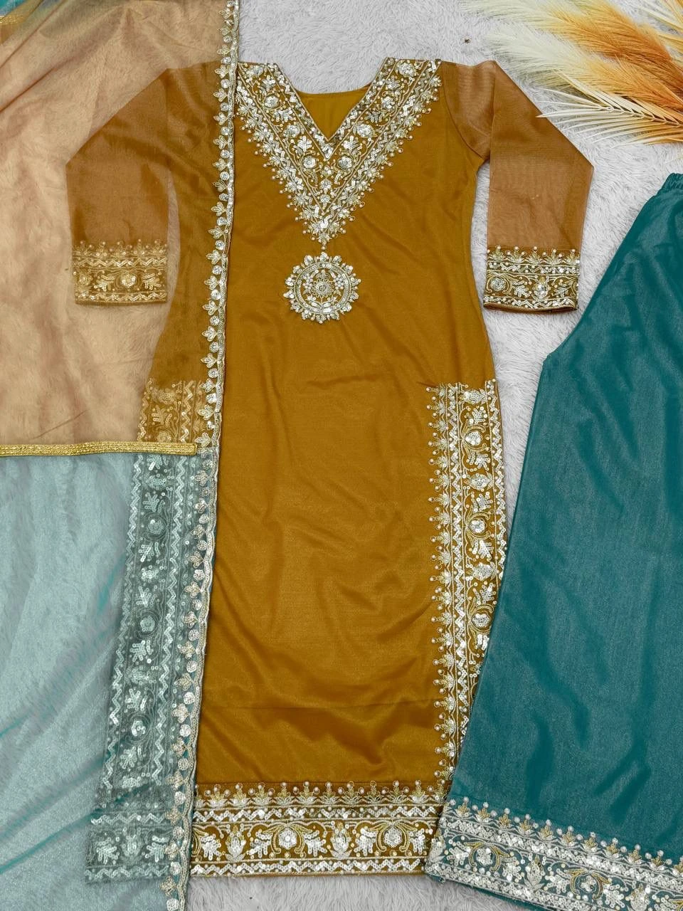 Fancy Embroidery Work Top Plazzo With Dupatta