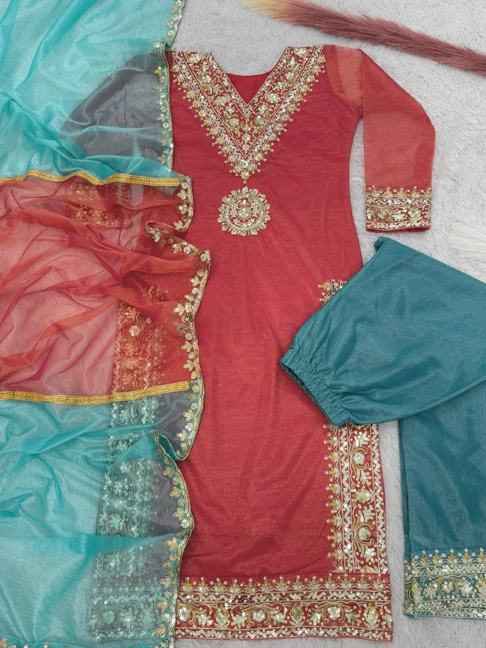 Fancy Embroidery Work Top Plazzo With Dupatta