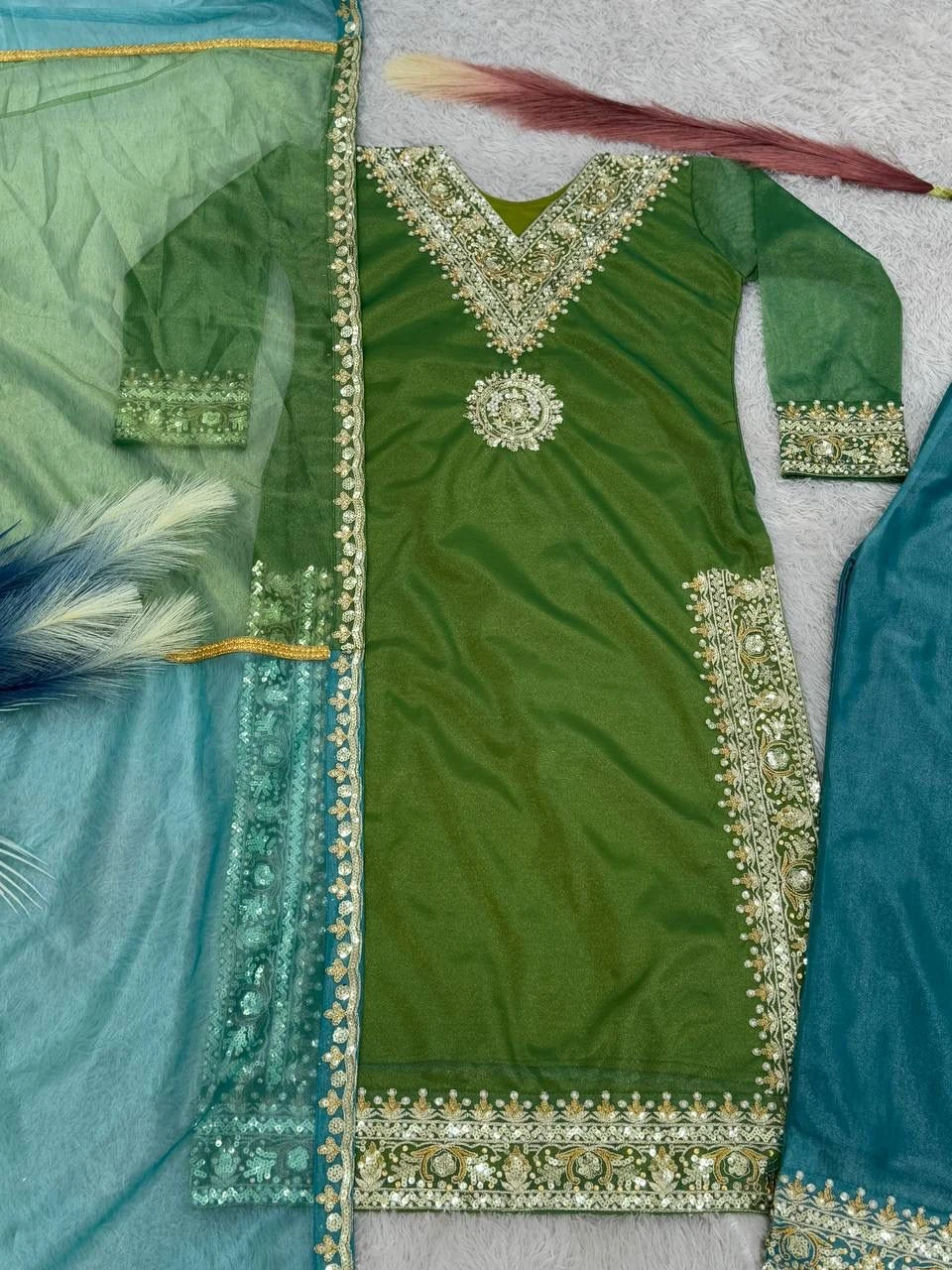 Fancy Embroidery Work Top Plazzo With Dupatta
