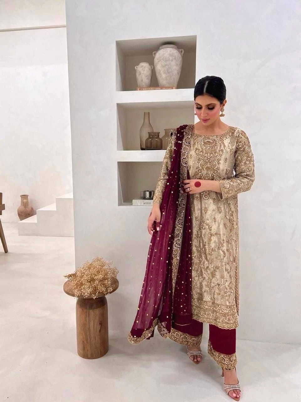 Fancy Kurti With Contrast Plazzo And Dupatta Set
