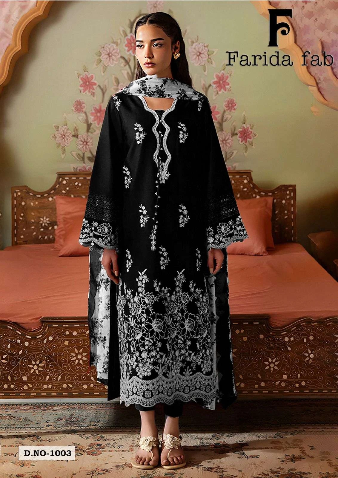 Farida fab Black & White Karachi Kurti Pant With Dupatta