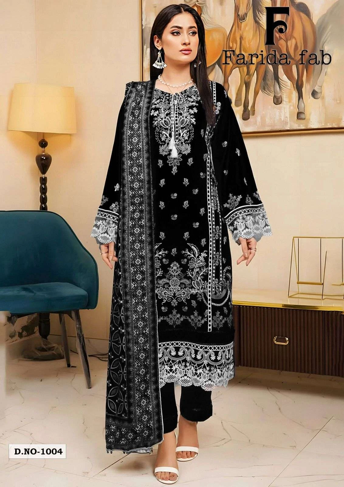 Farida fab Black & White Karachi Kurti Pant With Dupatta