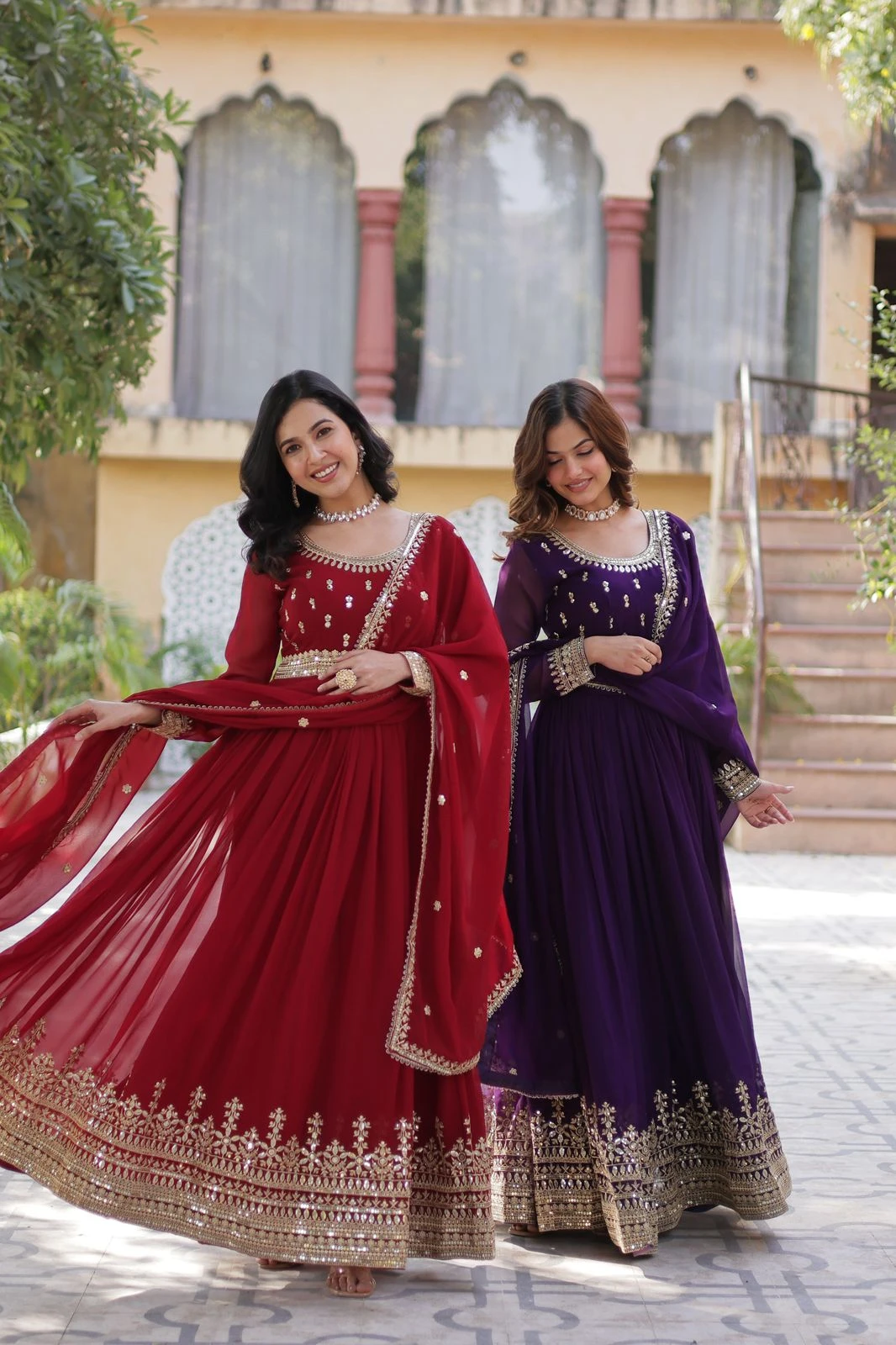 Faux Blooming Embroidery Zari Sequins Gown With Dupatta