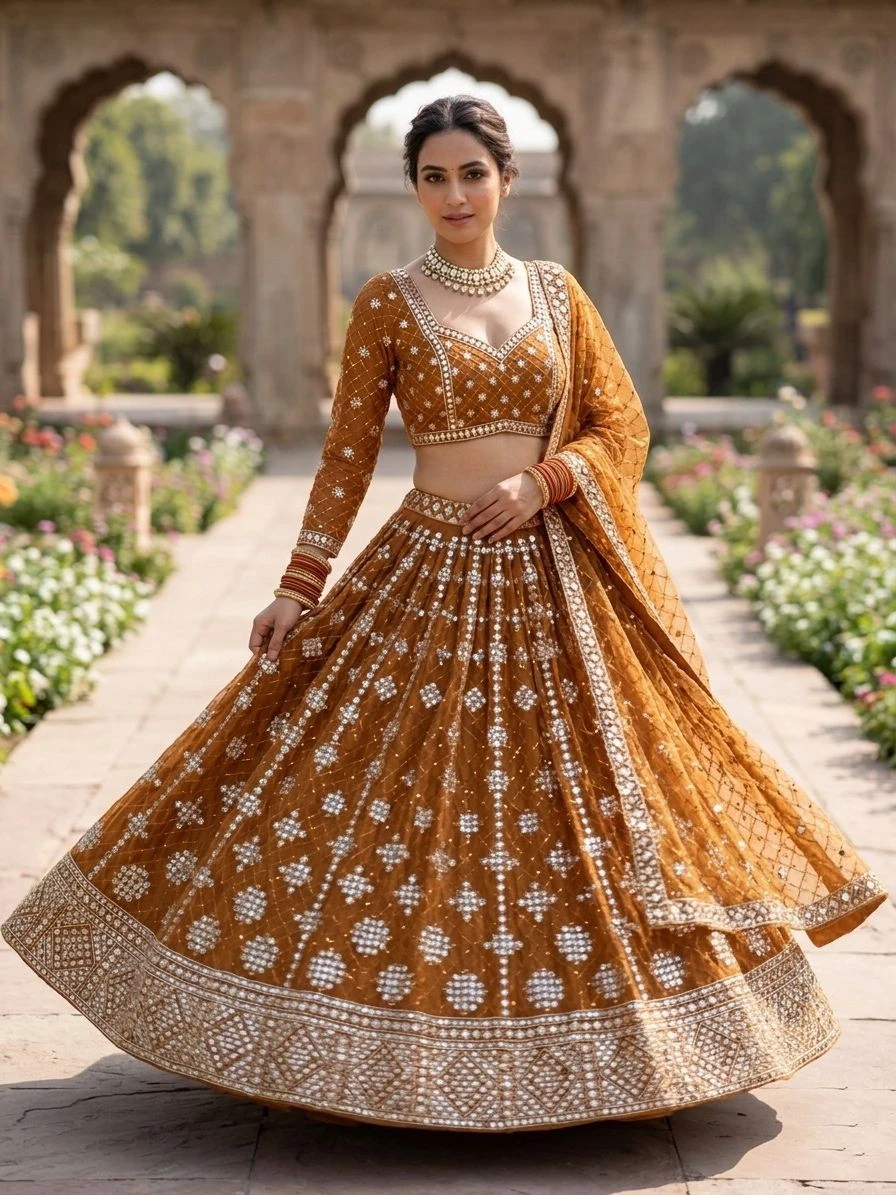 Faux Georgette Real Mirror Work 4 Meter Flared Lehenga Set