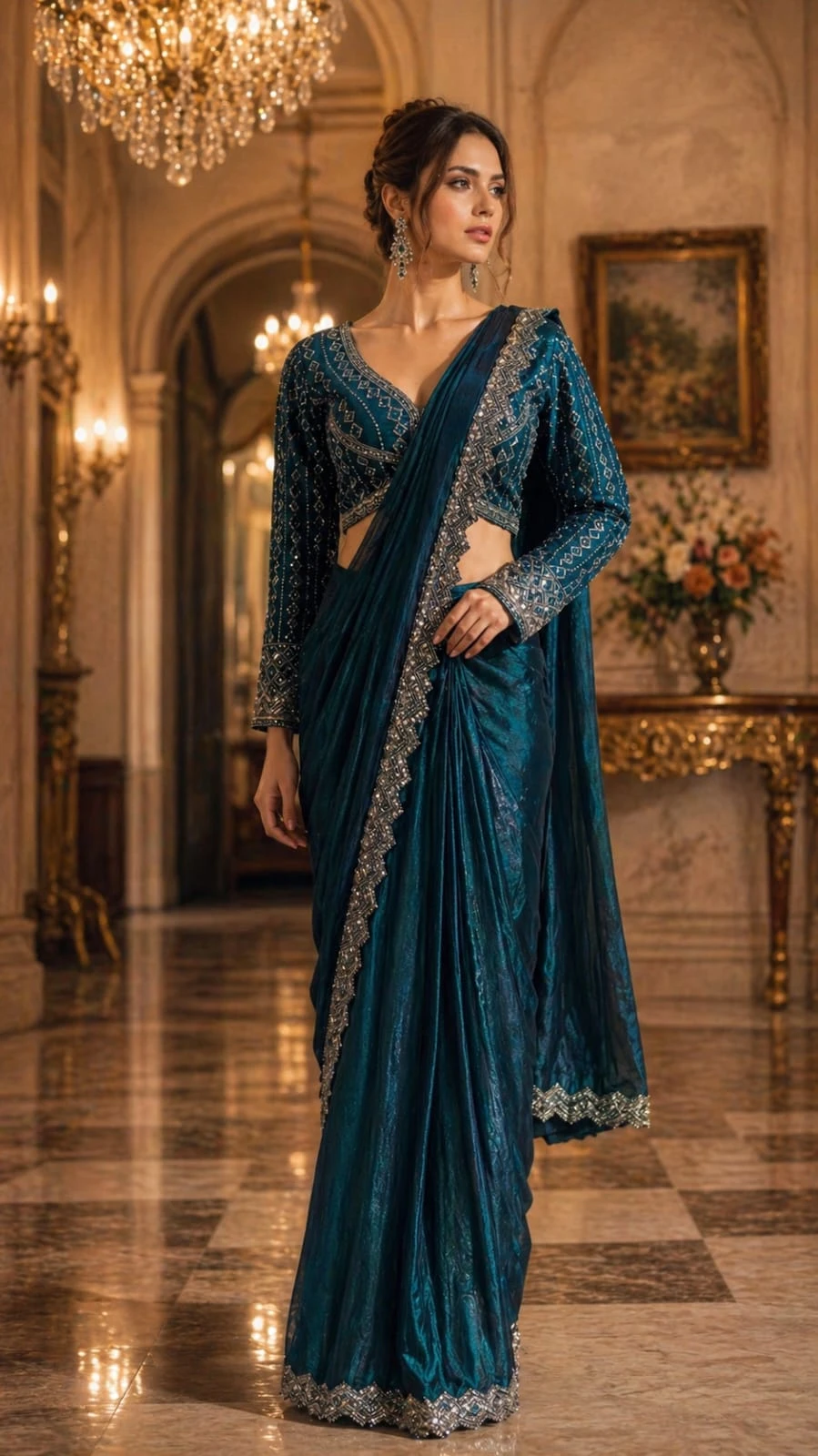 Fendi Silk Ready To Wear Saree With Jarkan Blouse