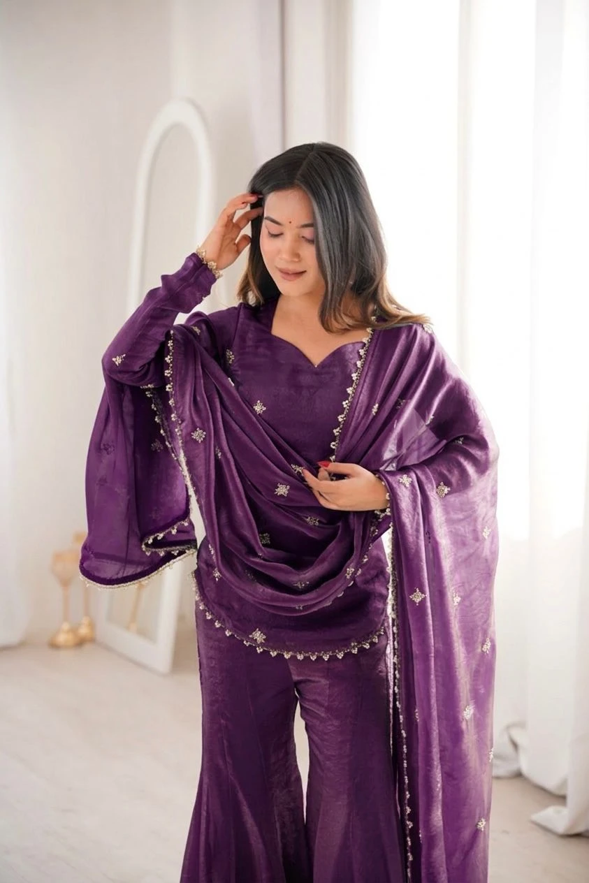Fendy Silk Embroidery Sequence Work Sharara Suit With Dupatta