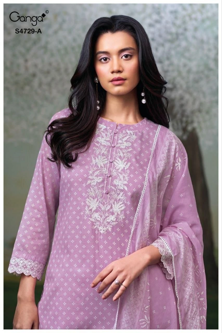 Ganga Kynza 4729 Pure Bemberg Mul Printed Embroidery Work Suit With Dupatta