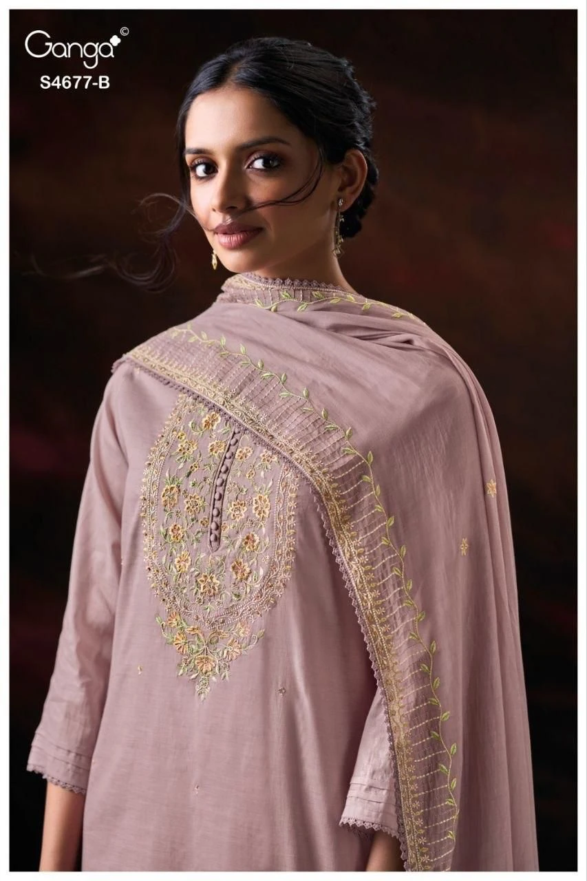 Ganga Prishael 4677 Pure Bemberg Mul Embroidery Work Suit With Dupatta