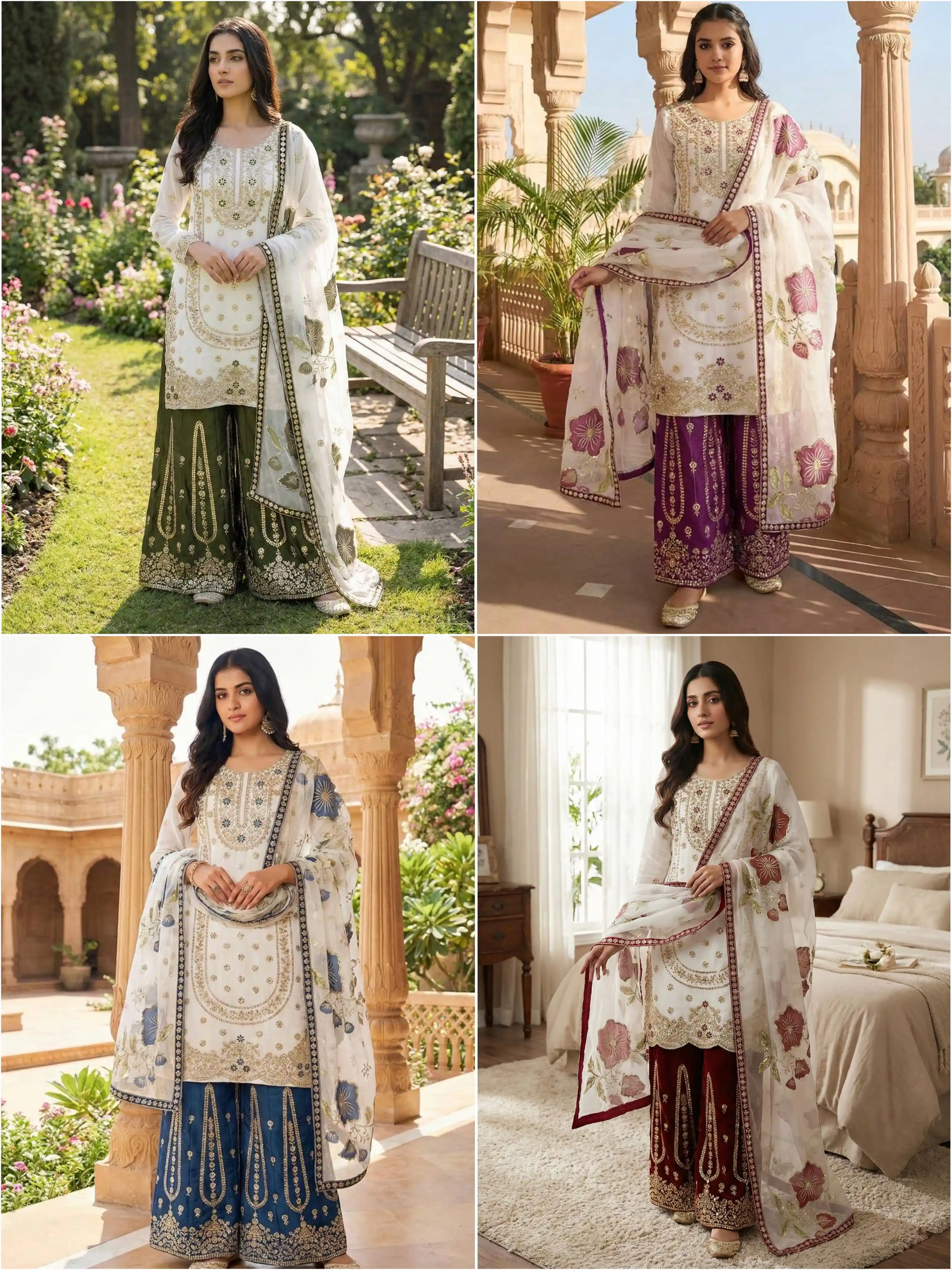 GMY Silk Embroidery Sequence Work Palazzo Suit With Organza Dupatta