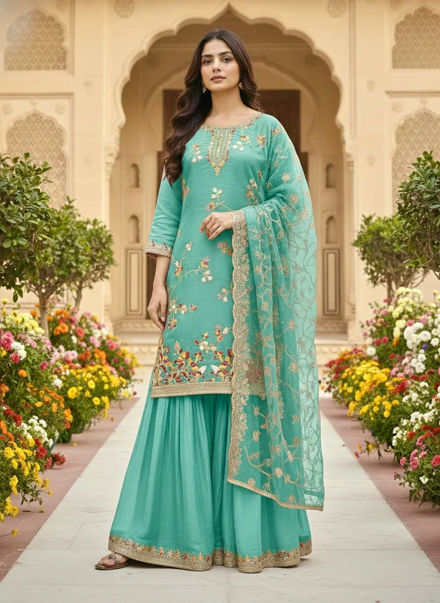 Good Quality Designer Pur GMY Silk Top Palazzo Dupatta Set