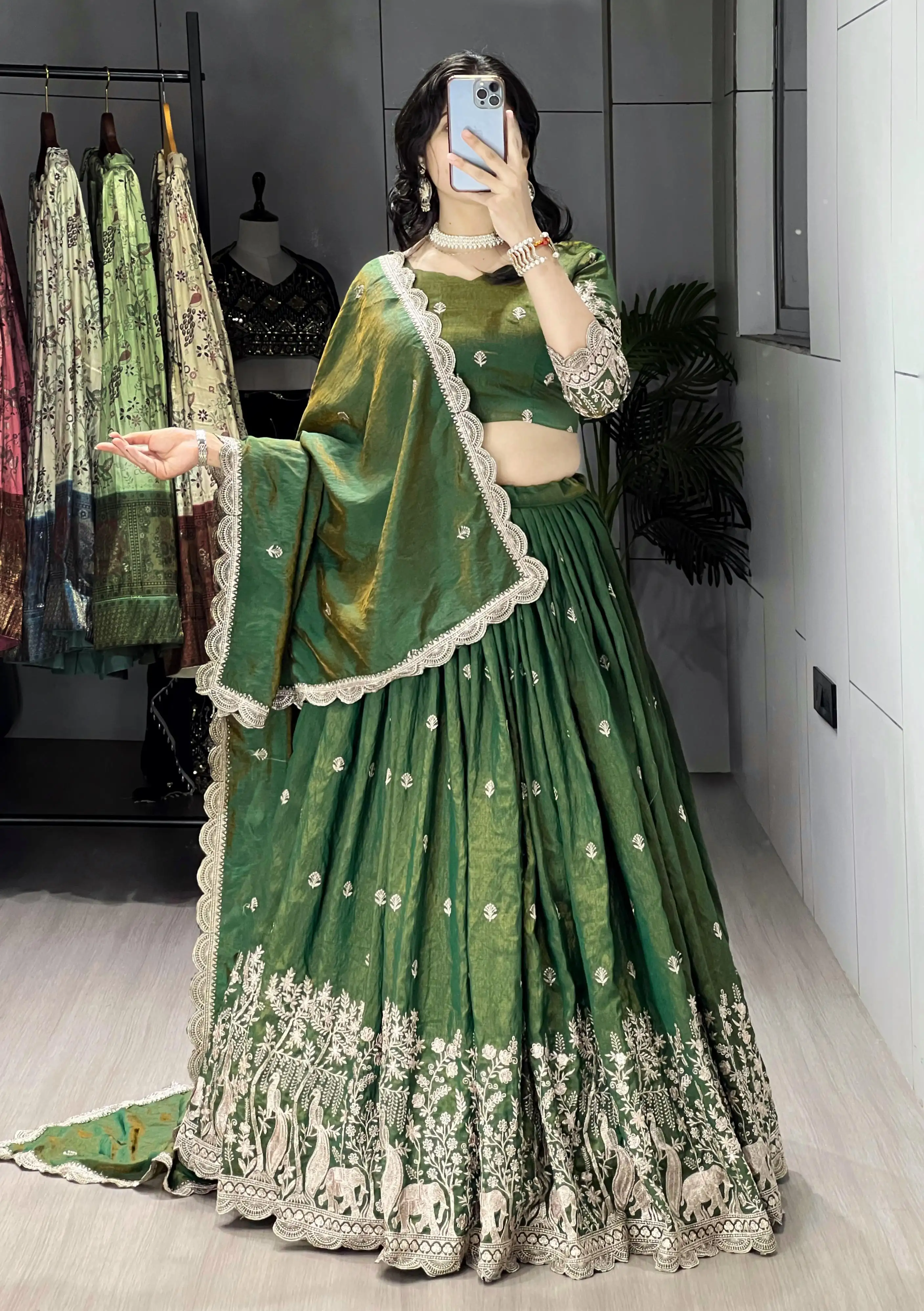 GRTN Classical Olive Green Embroidery Lehenga Choli