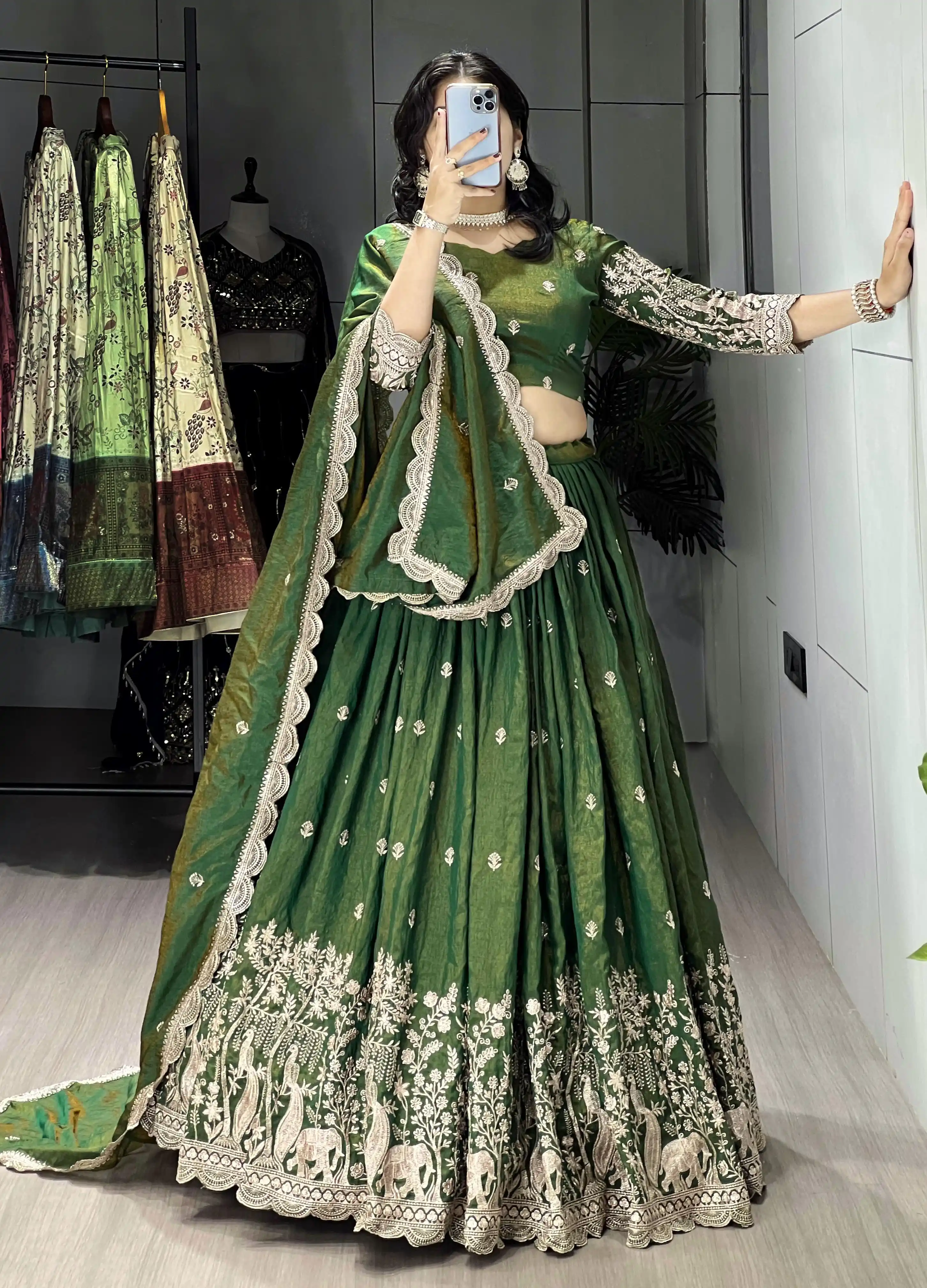 GRTN Classical Olive Green Embroidery Lehenga Choli
