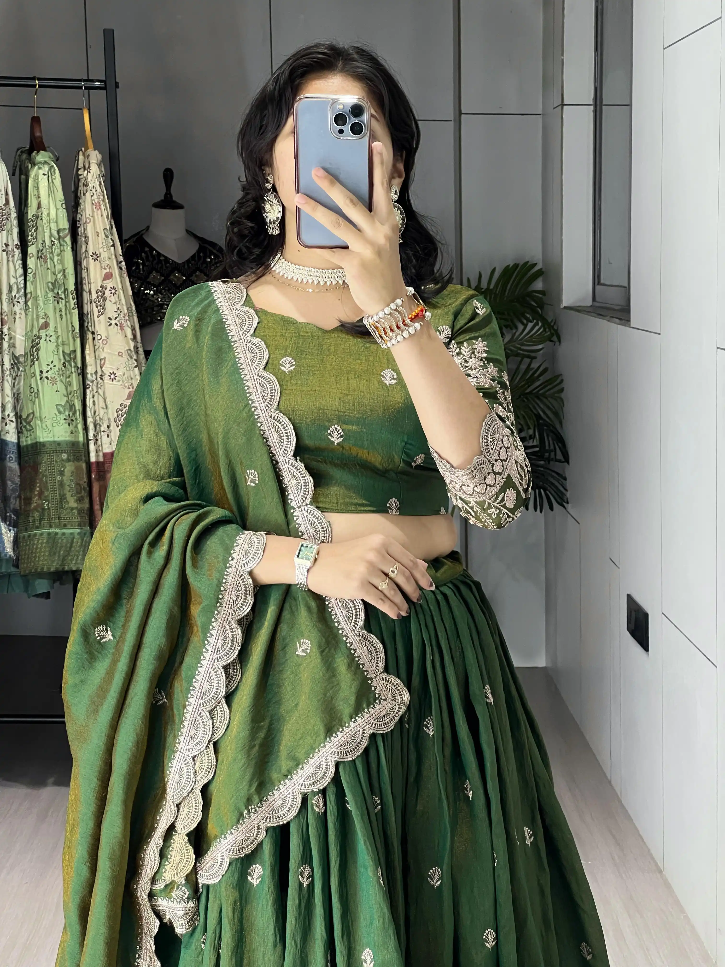GRTN Classical Olive Green Embroidery Lehenga Choli